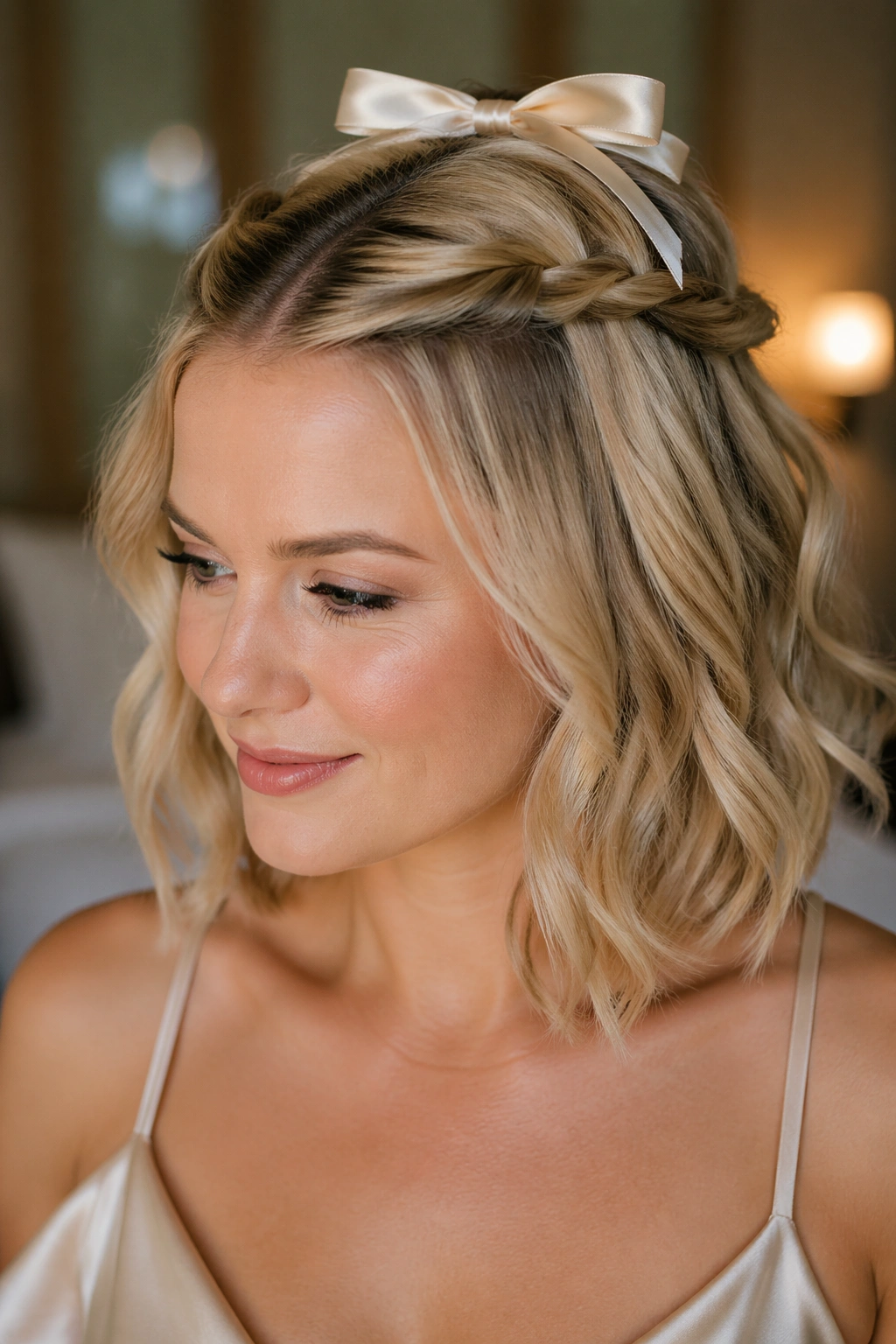 Close-up of temple twists with a ribbon bow on a real person.