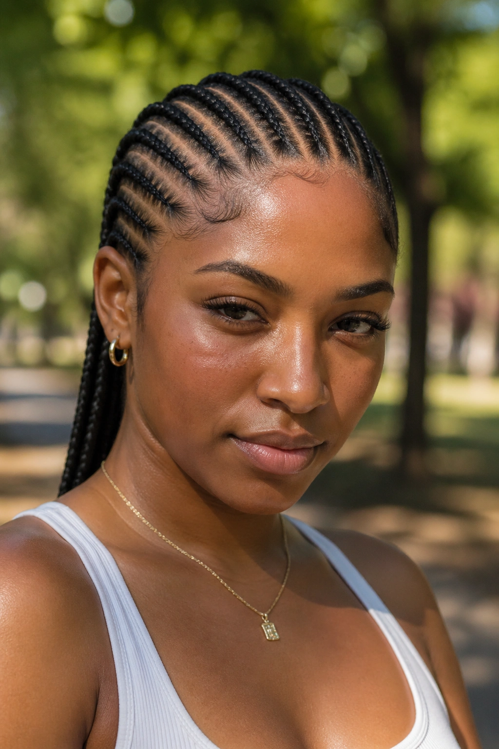 Close-up of a real person with ten straight-back cornrows.
