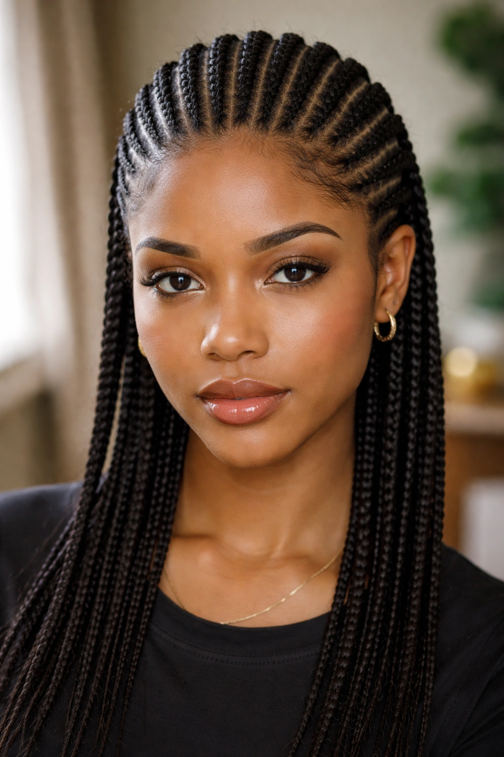 Close-up of ten slim straight-back cornrows creating dense texture on a real person