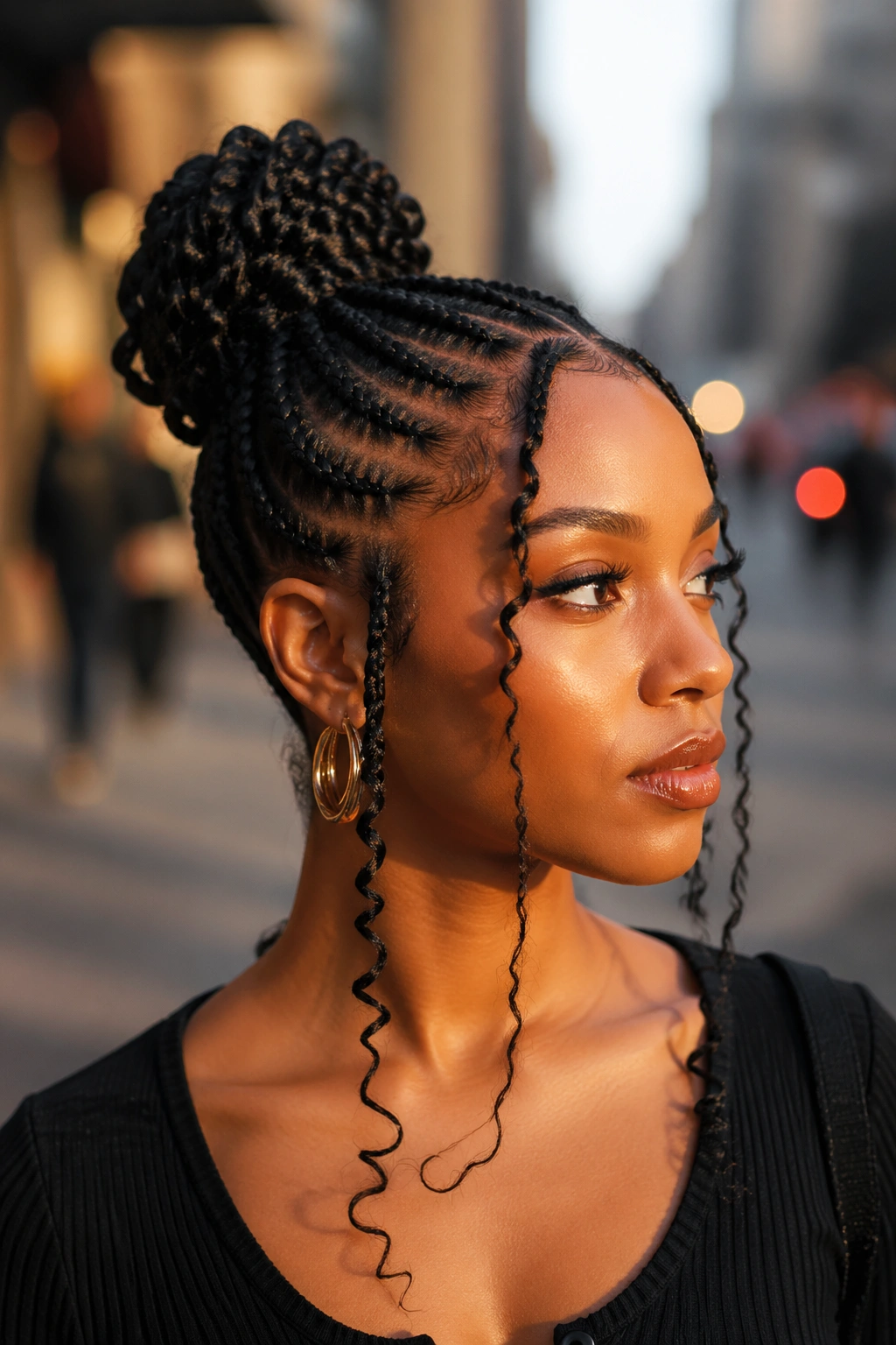 Close-up of a real person with long braided tendrils framing the face from a bun.