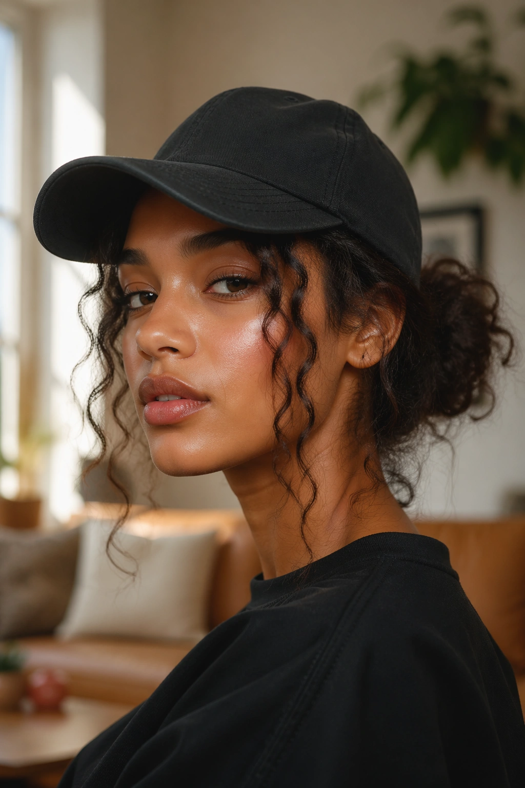 Close-up of a real woman with tendrils framing her face under a baseball cap