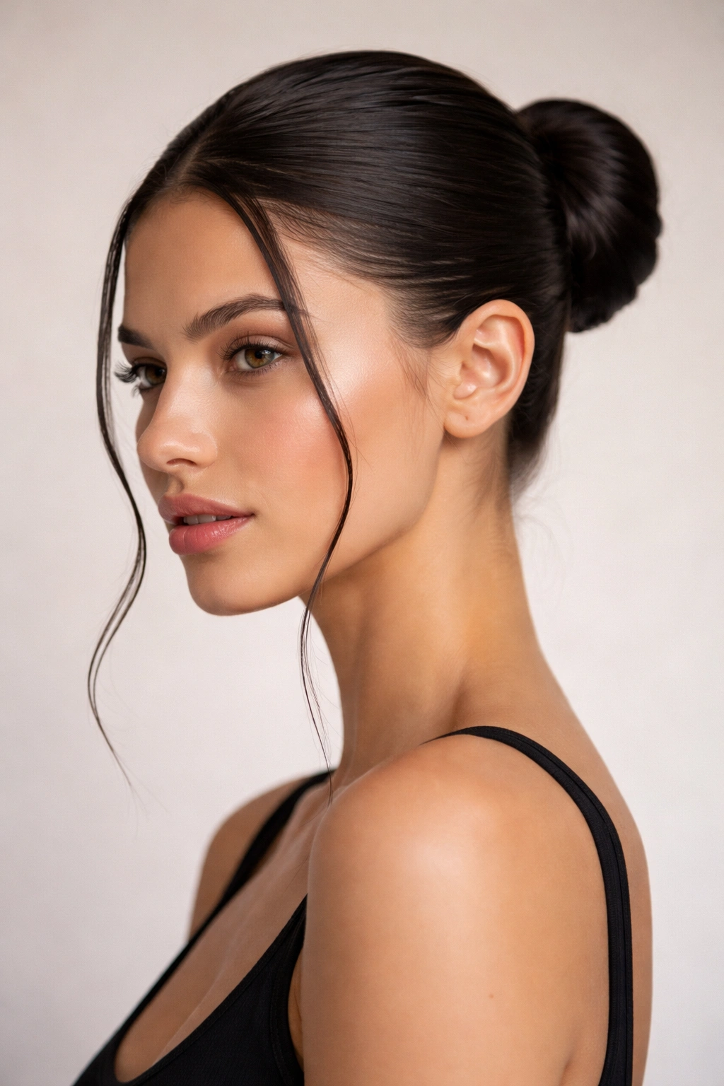 Close-up of tendril-framed sleek bun with face-framing tendrils.