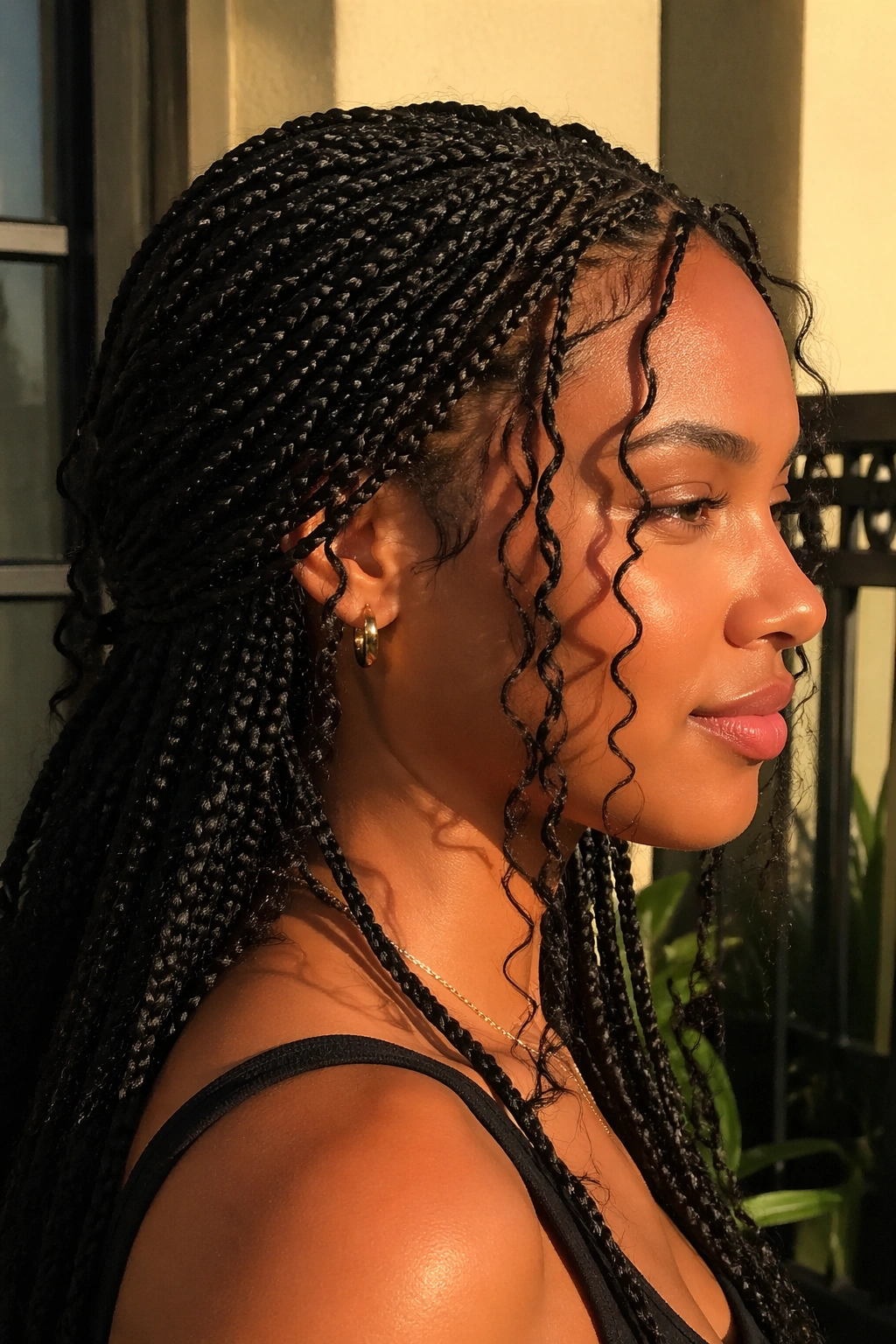 Side profile showing face-framing curly tendrils with micro braids.