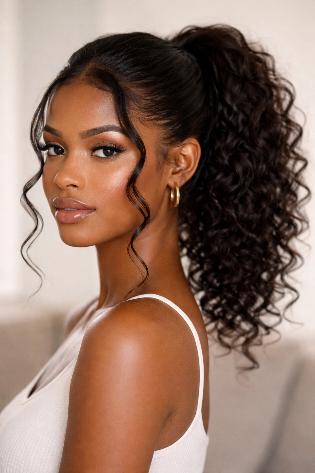 Mid ponytail with face-framing tendrils curling around the face.