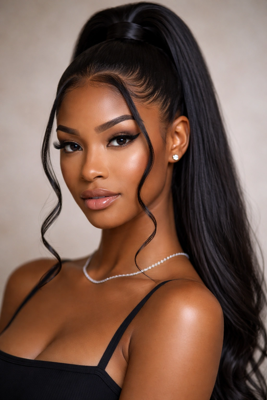 High ponytail with face-framing tendrils curling at the front