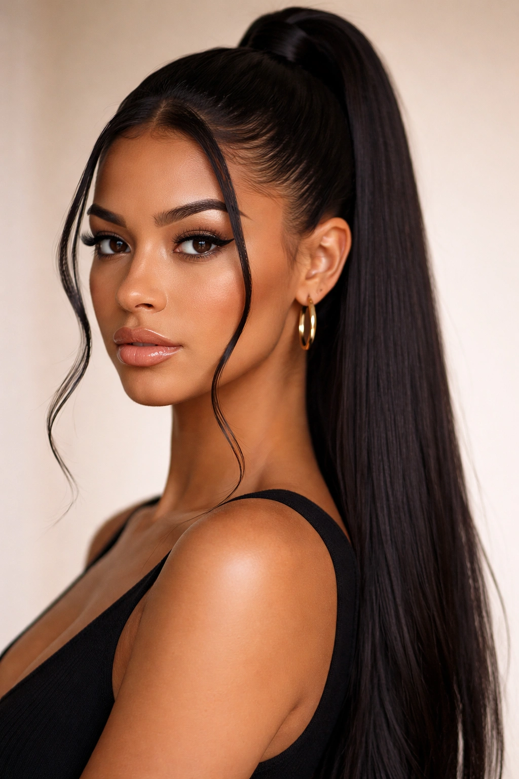 Ponytail with two face-framing tendrils curling at the hairline