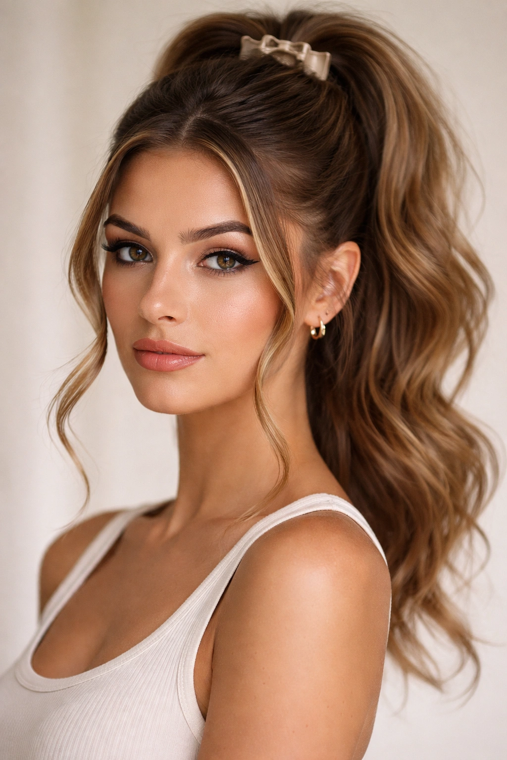 Two face-framing tendrils curled away from face in high pony