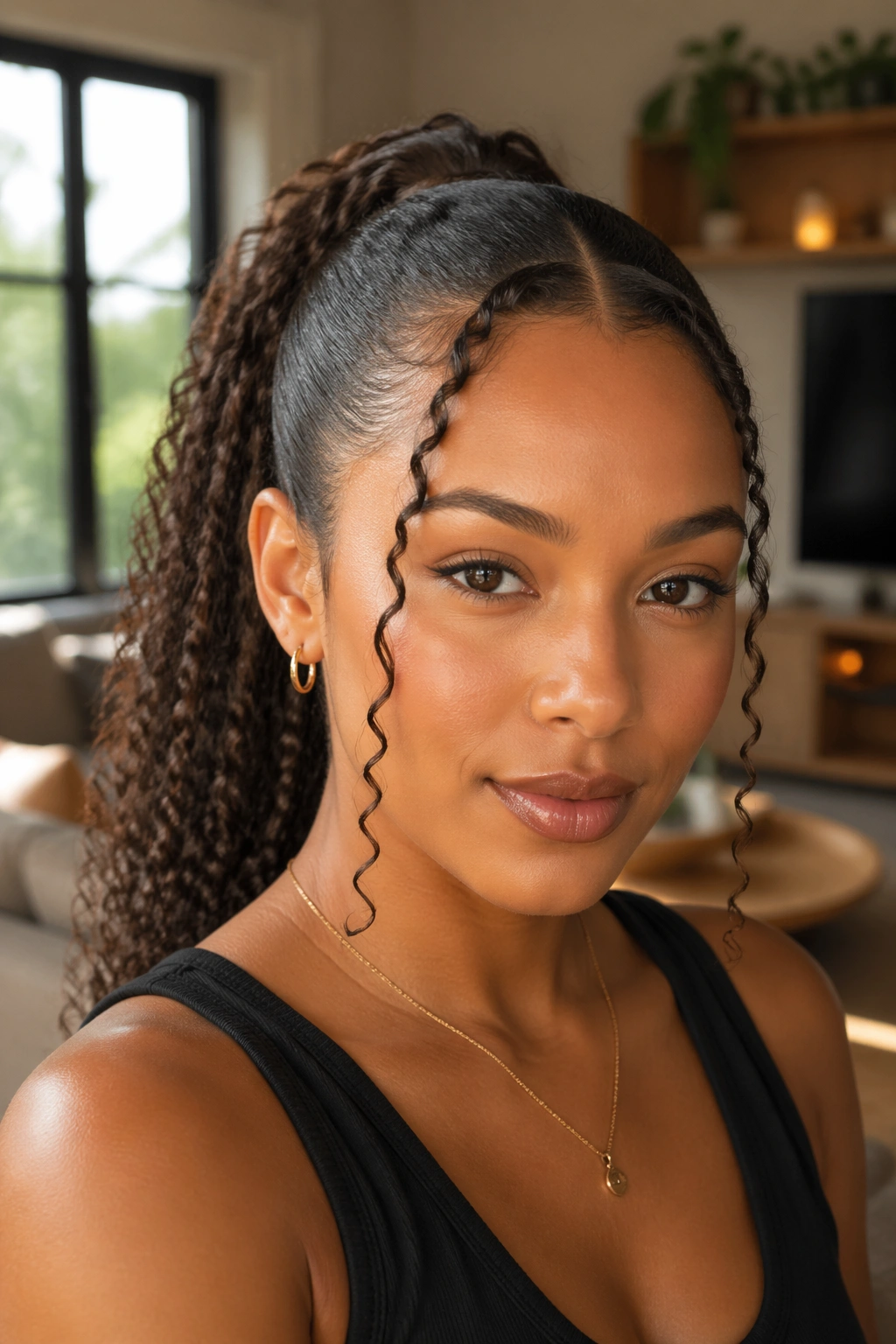 Real woman with face-framing tendril V-part ponytail, two slim tendrils at temples