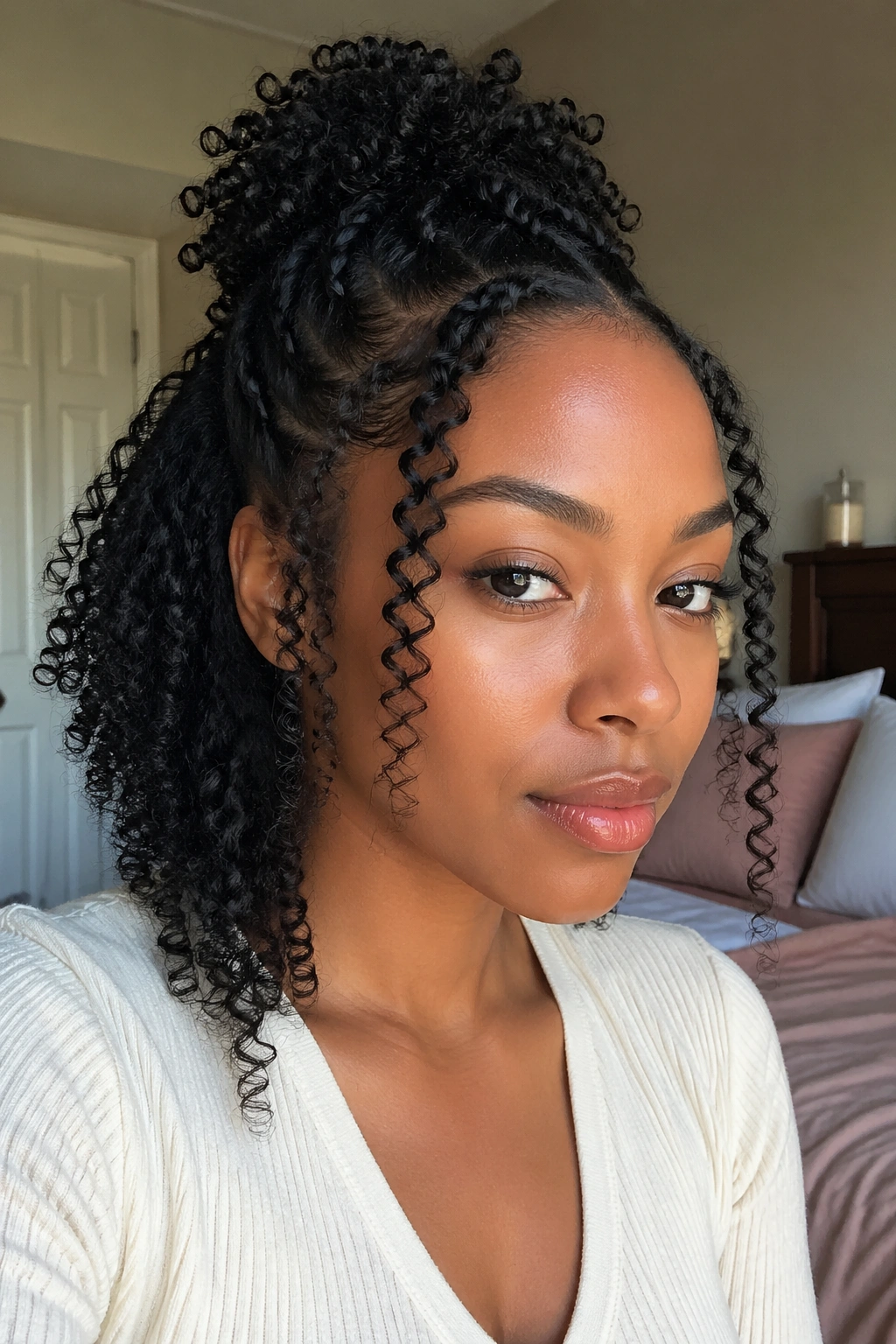 Real woman with wand-curled temple tendrils framing face in soft light.