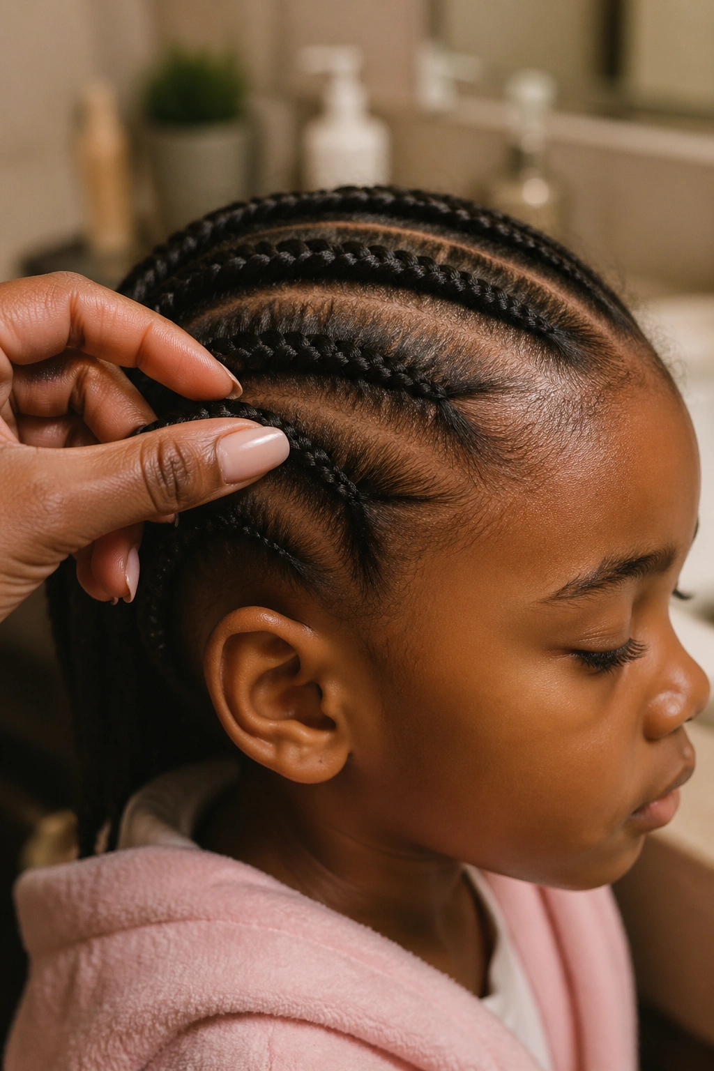 Child with cornrows and a tension check near the scalp