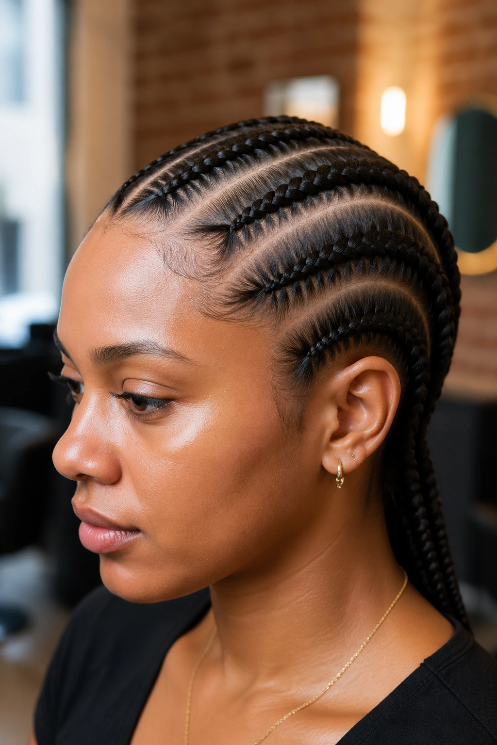 Portrait of a real person with taut scalp where big cornrows grip the roots