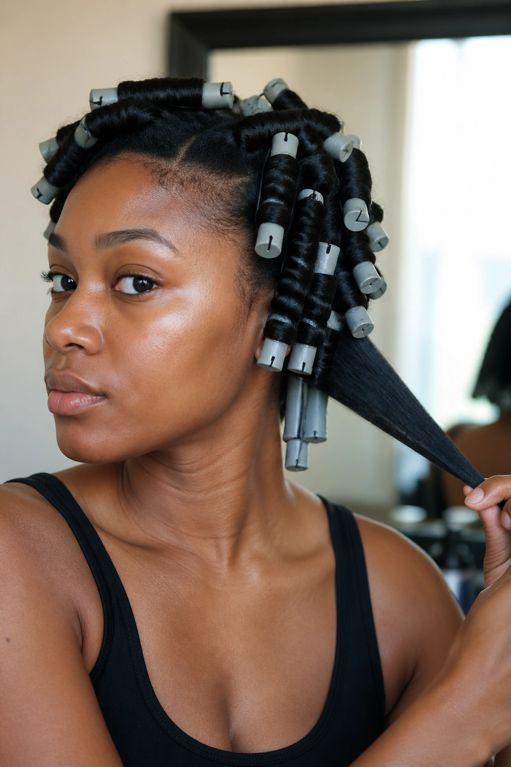Close-up of a real woman with stretched, elongated rod curls using the tension method
