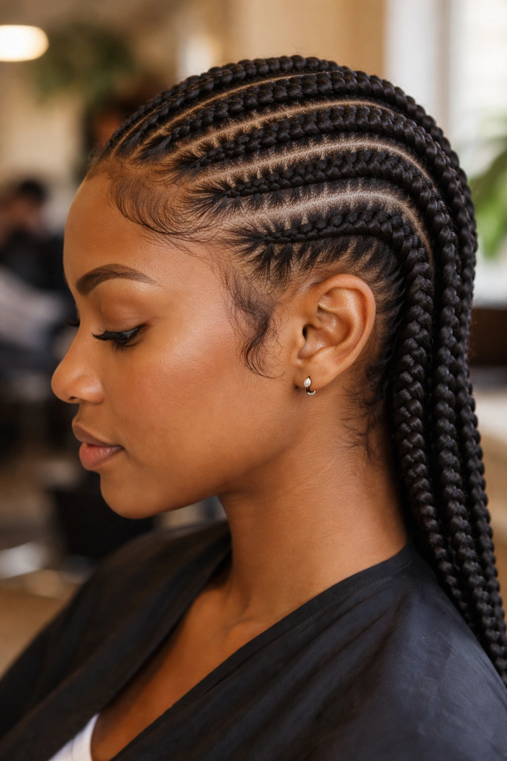Real woman with stitch cornrows showing careful tension at the hairline.