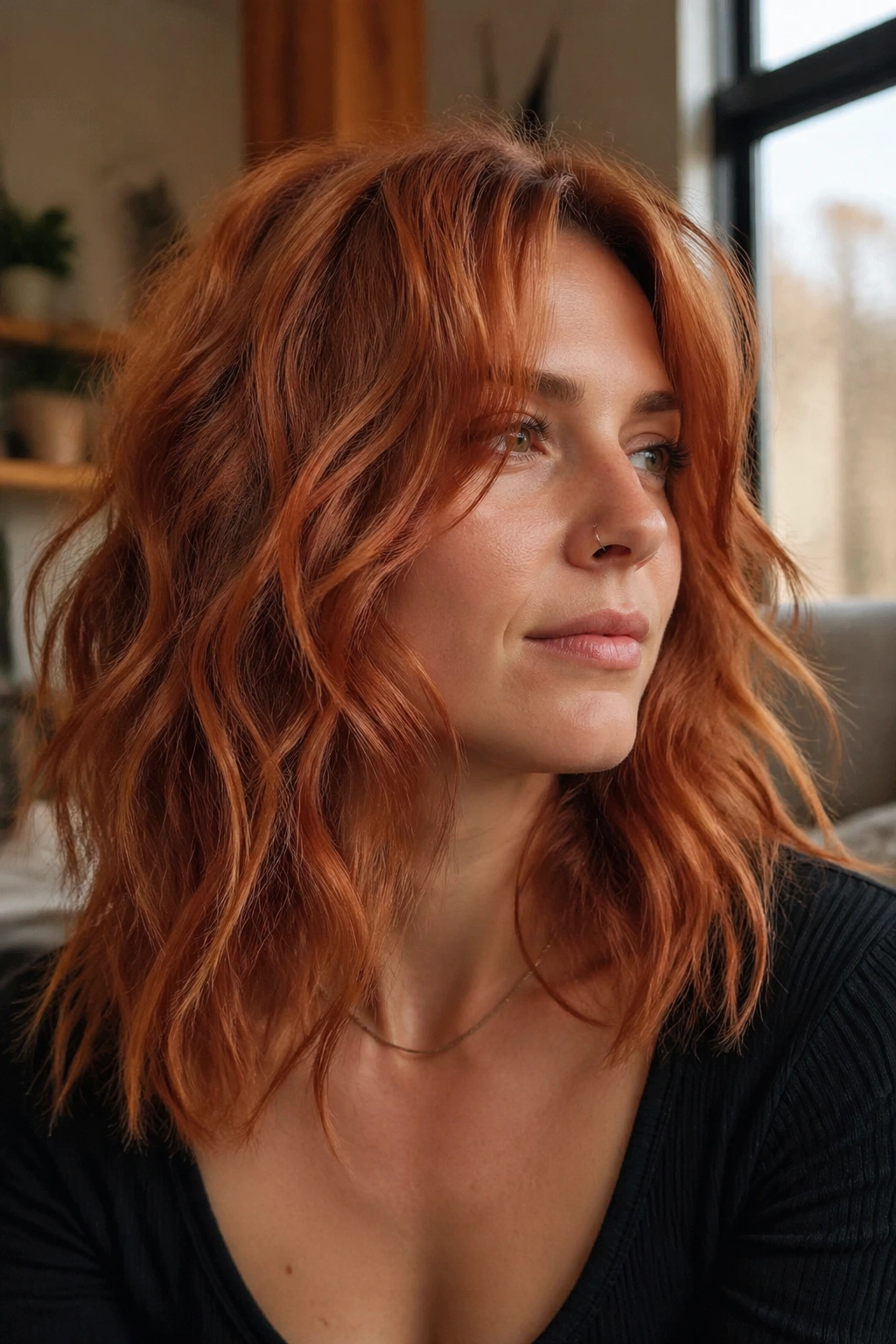 Close-up portrait of a real woman with terra cotta waves and an undone finish on shoulder-length hair