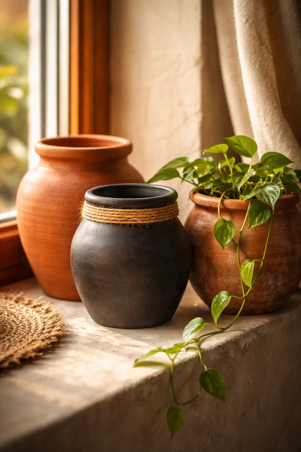 Close-up of three terracotta pots on a sunlit windowsill.