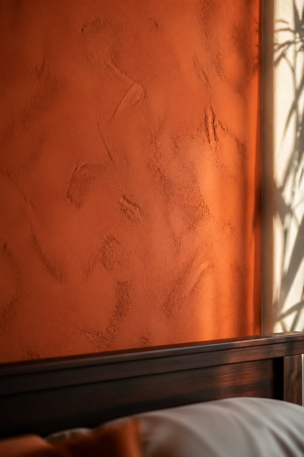 Close-up of warm terracotta wall behind the bed with earthy texture