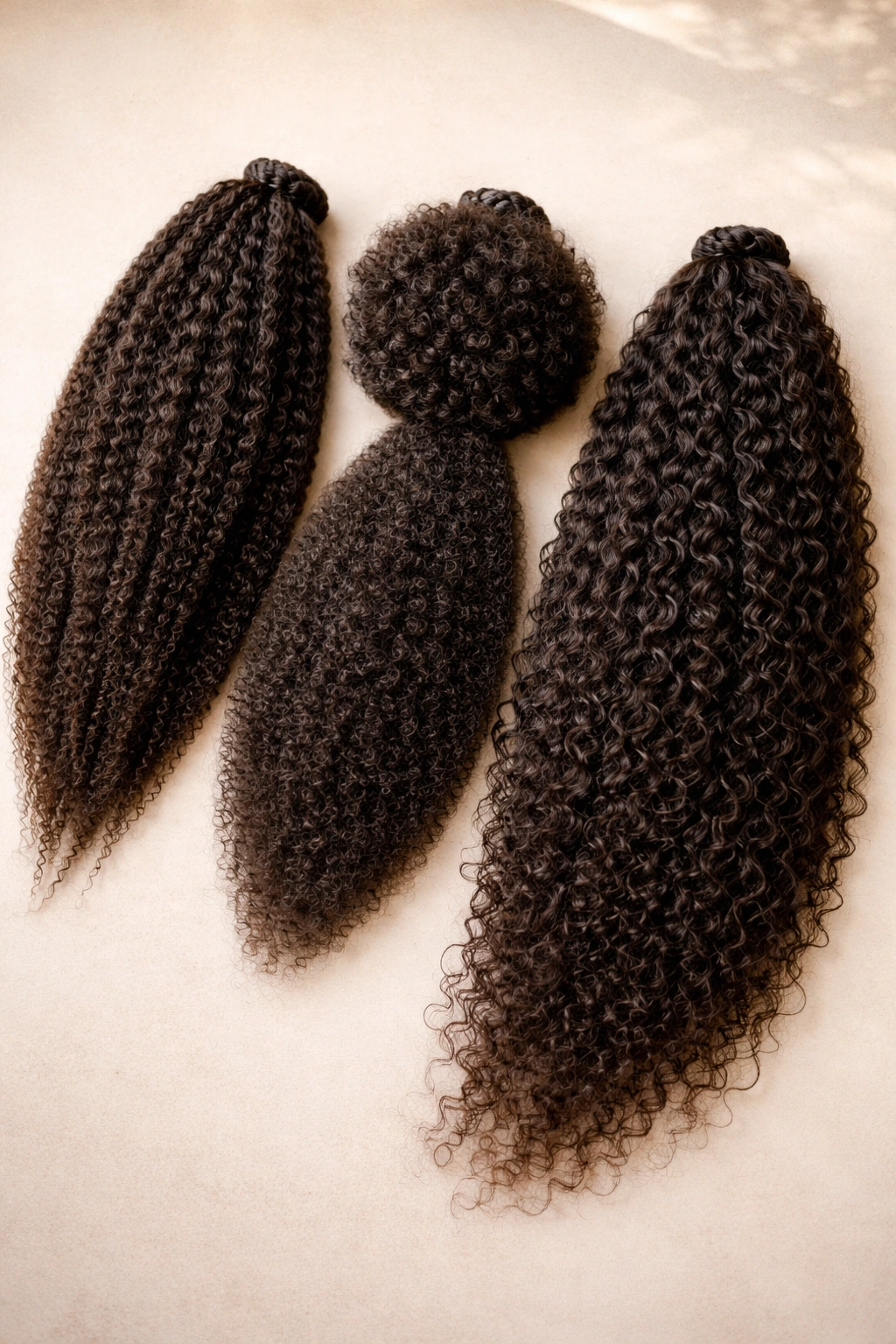 Three textured ponytail samples showing texture options for 4C hair