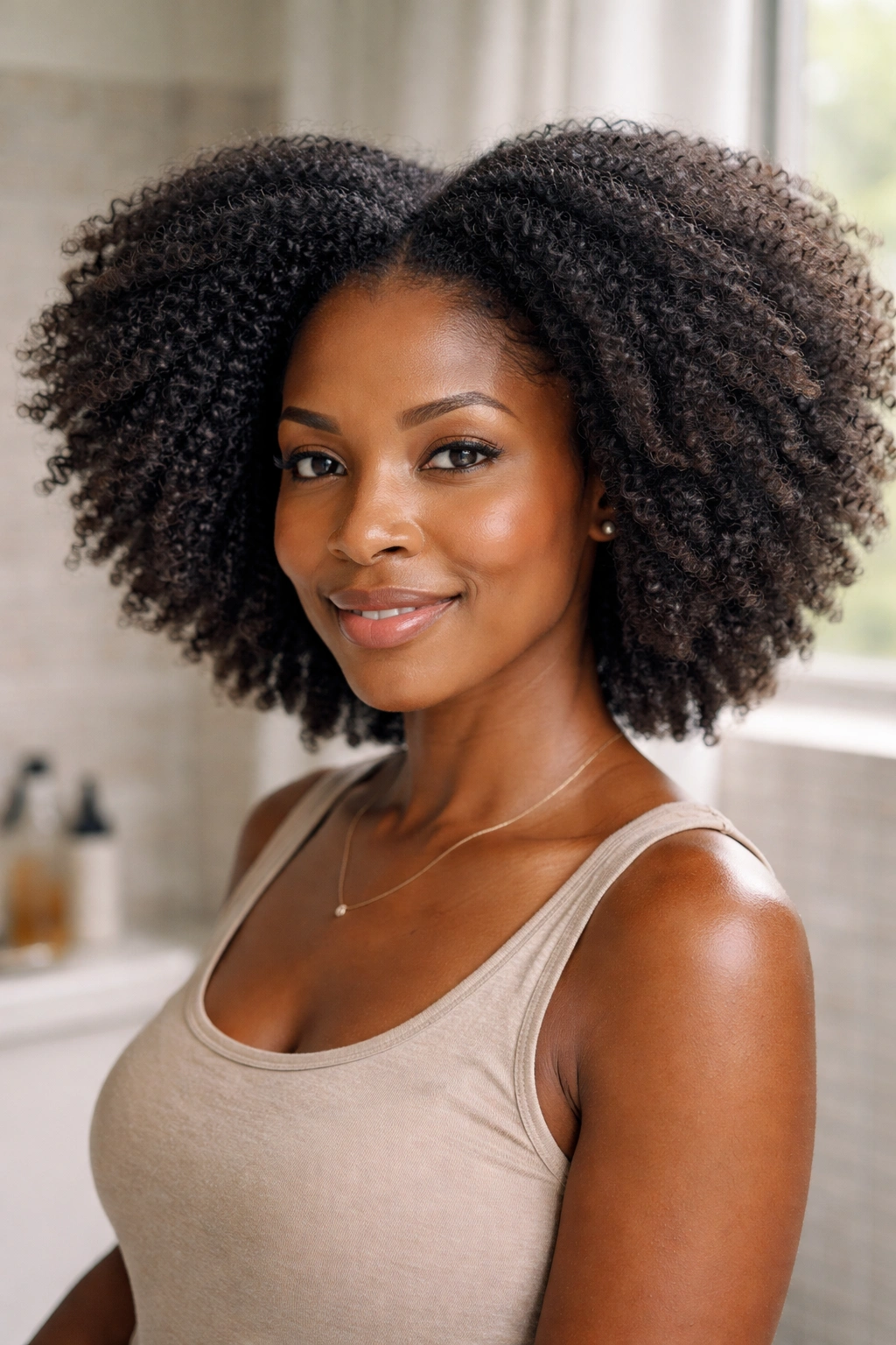 Close-up of a woman with moisturized textured hair in bathroom