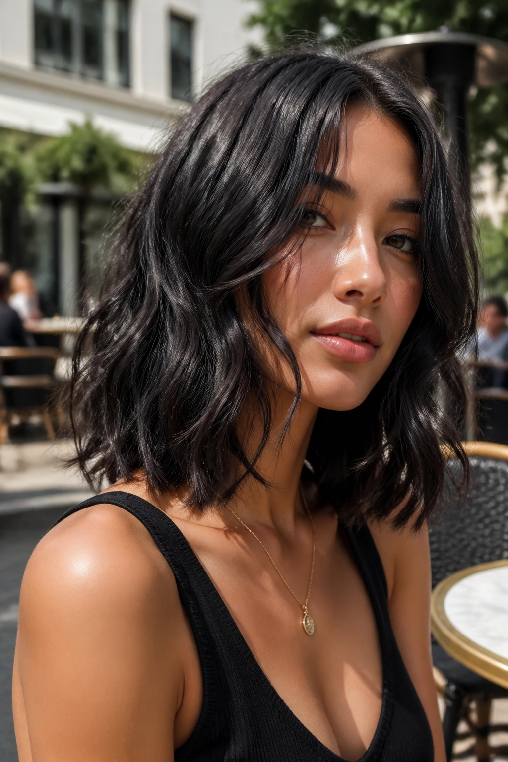 Close-up of a real woman with a textured beachy lob and loose waves outdoors