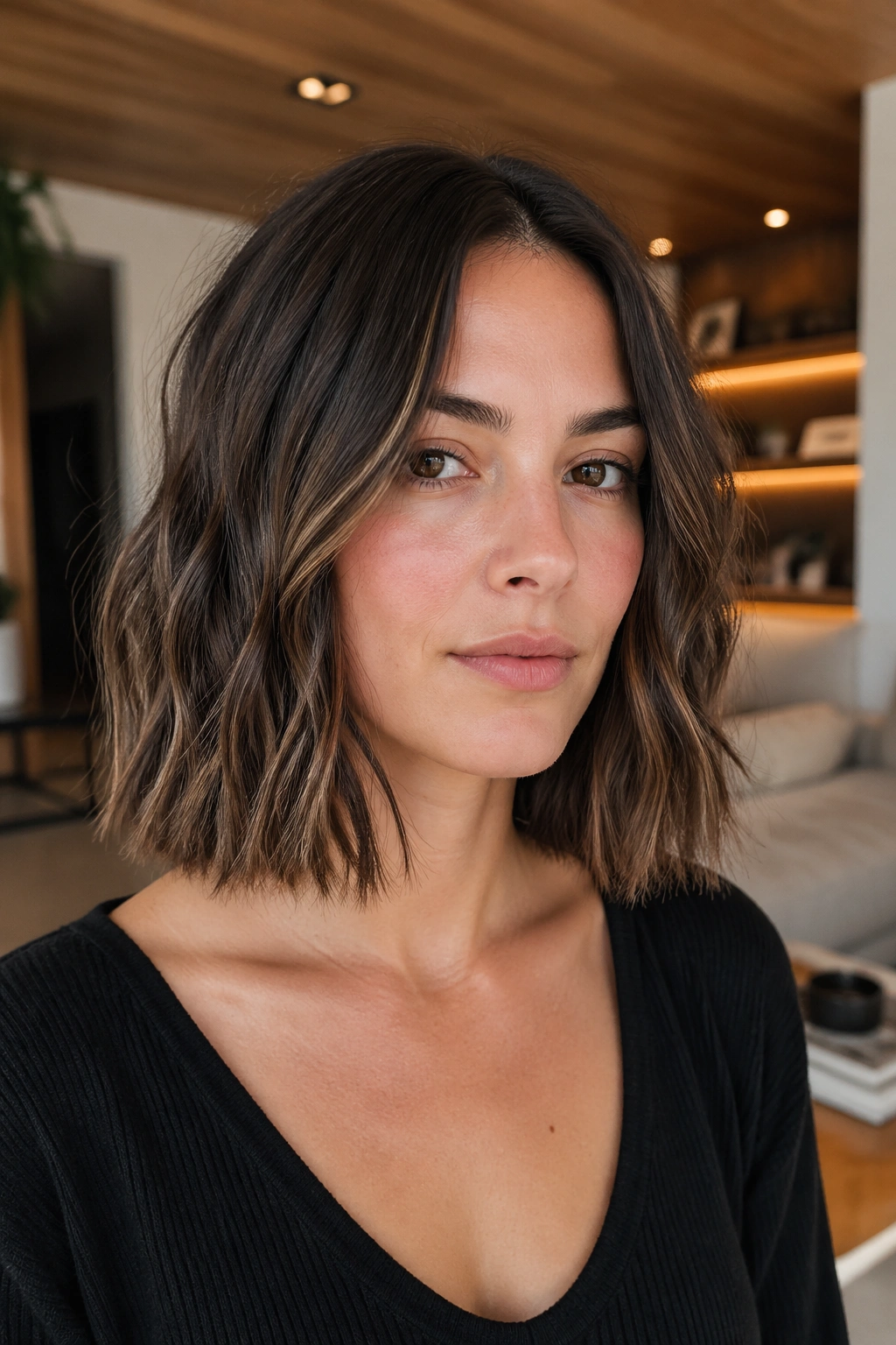 Portrait of a woman with a textured blunt cut and wavy ends