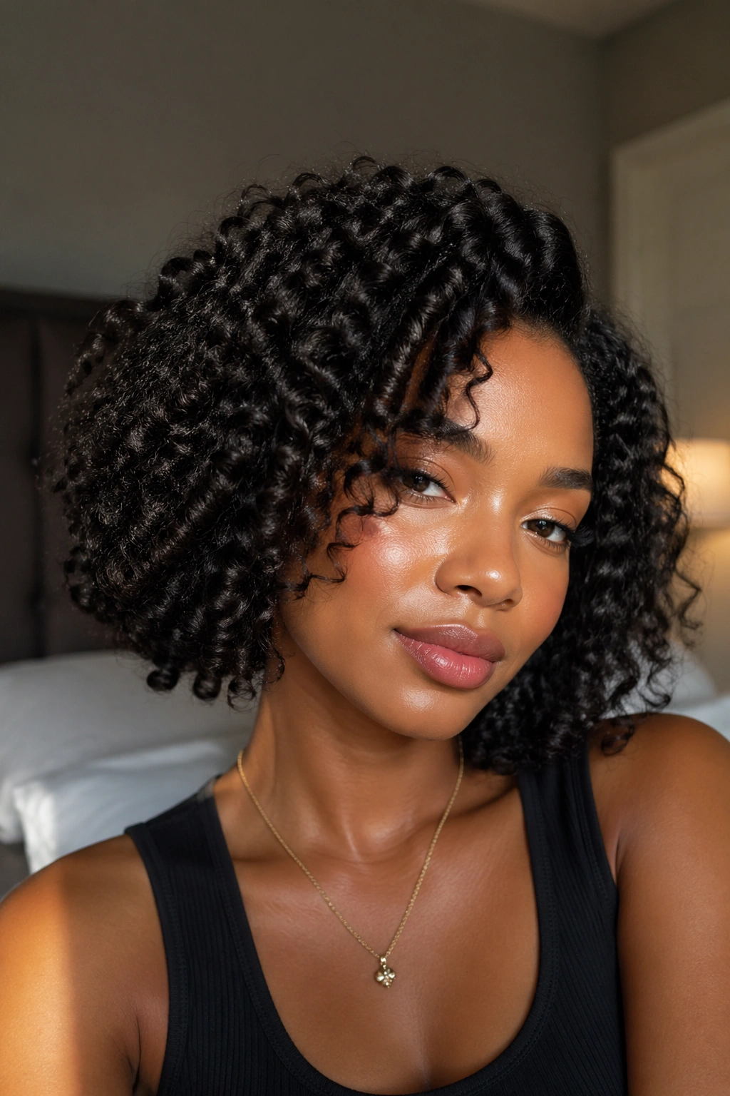 Close-up of a real woman wearing a textured bob wig with natural curls in warm window light