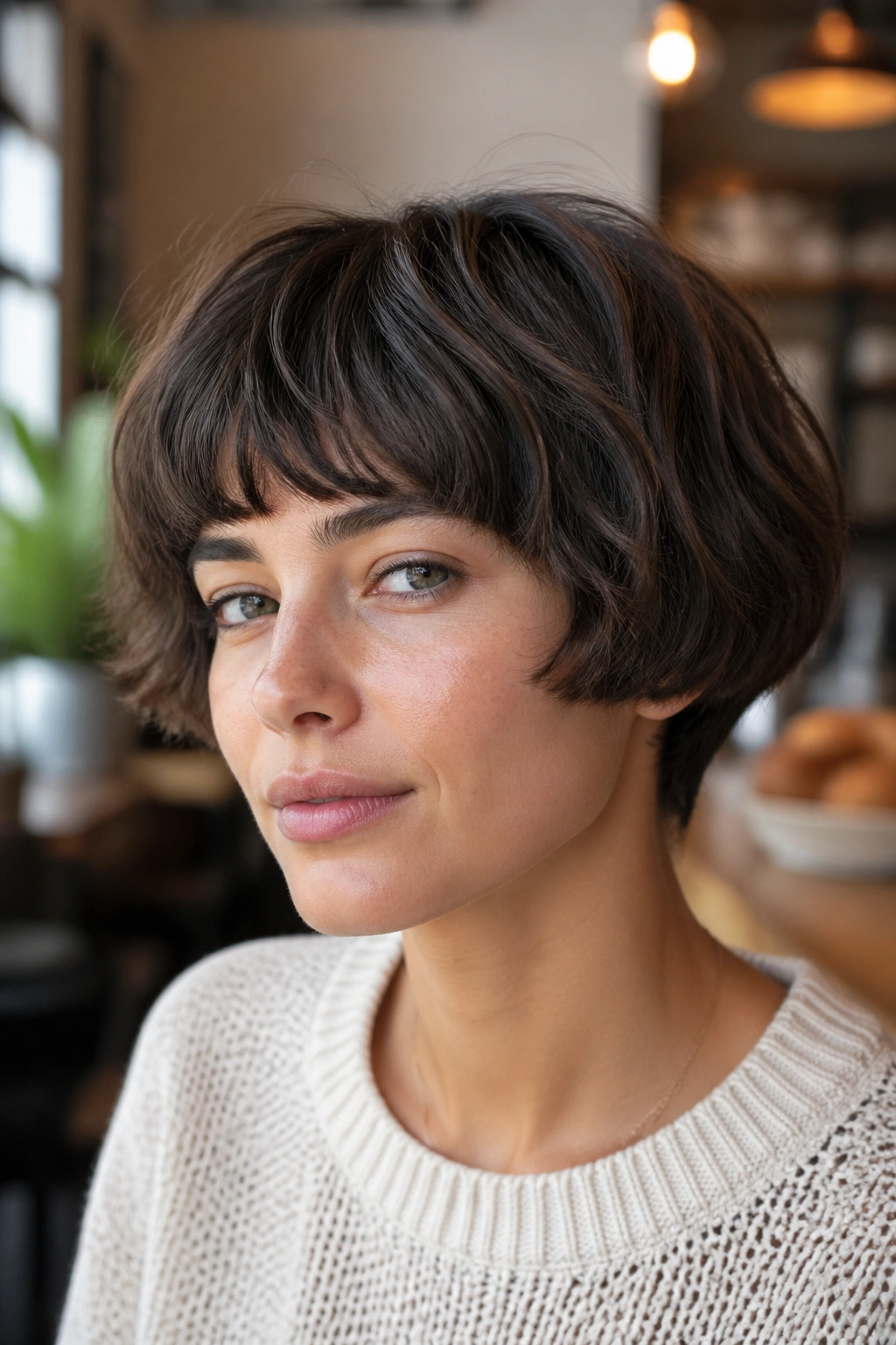 Close-up of a real person with a textured bowl cut in a cozy cafe