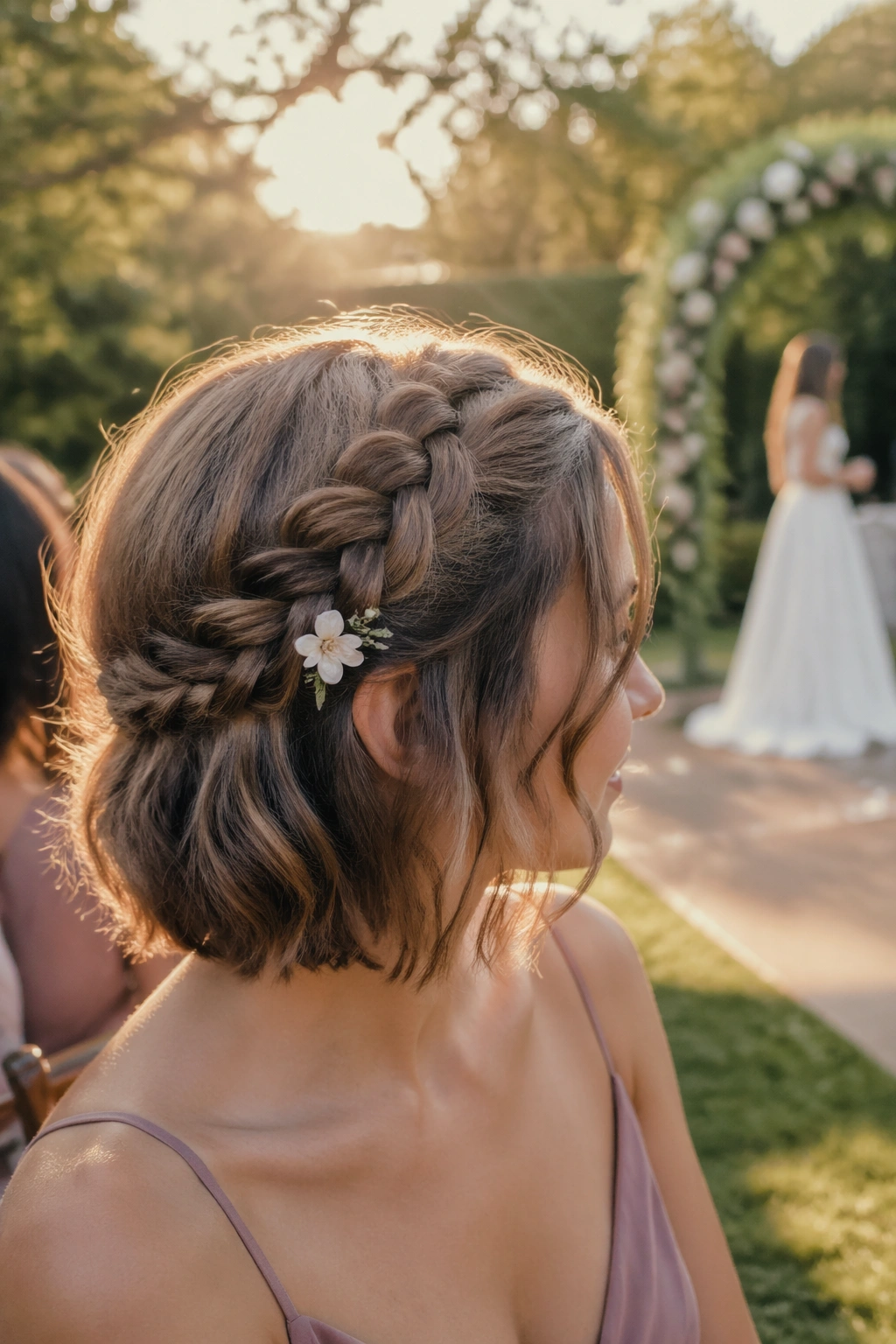 Outdoor garden shot of textured braid with floral clip at temple.