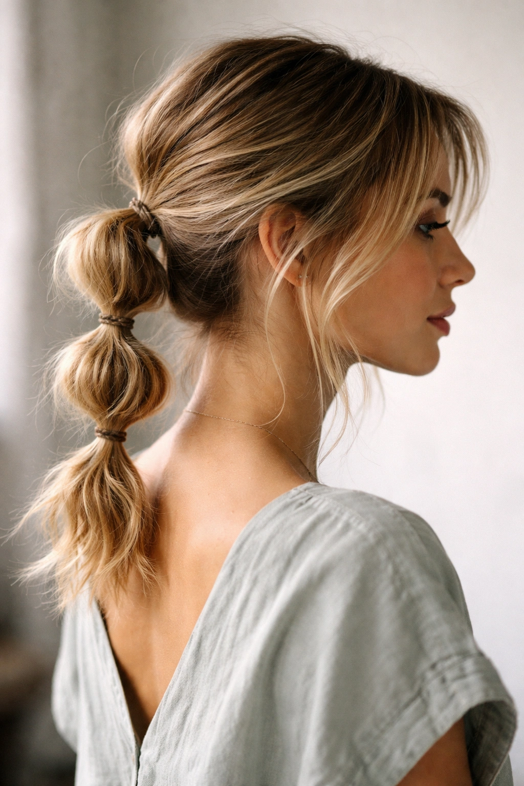 Textured bubble ponytail with loose ends and uneven bubbles.