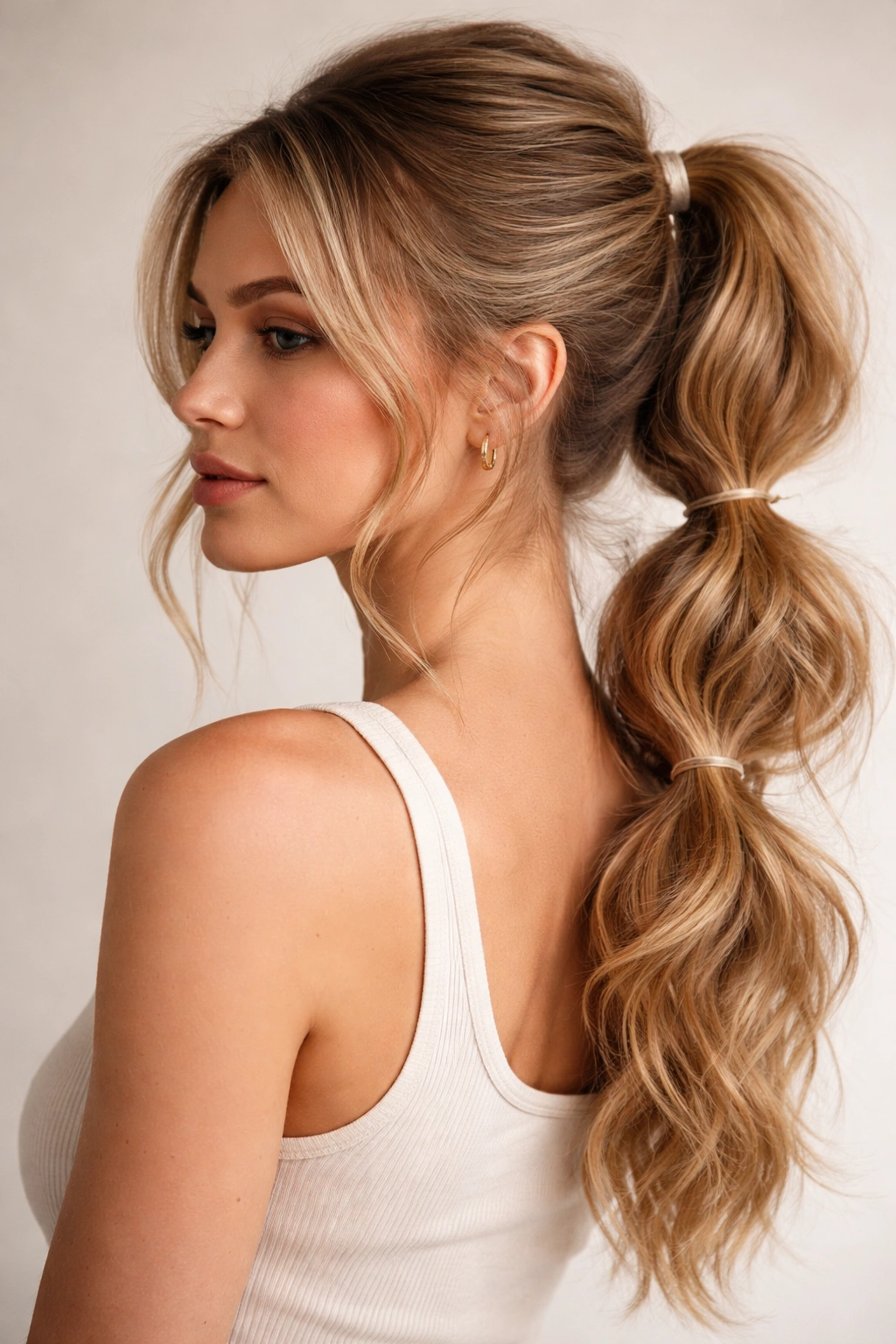 Textured bubble ponytail with soft waves and uneven bubble widths