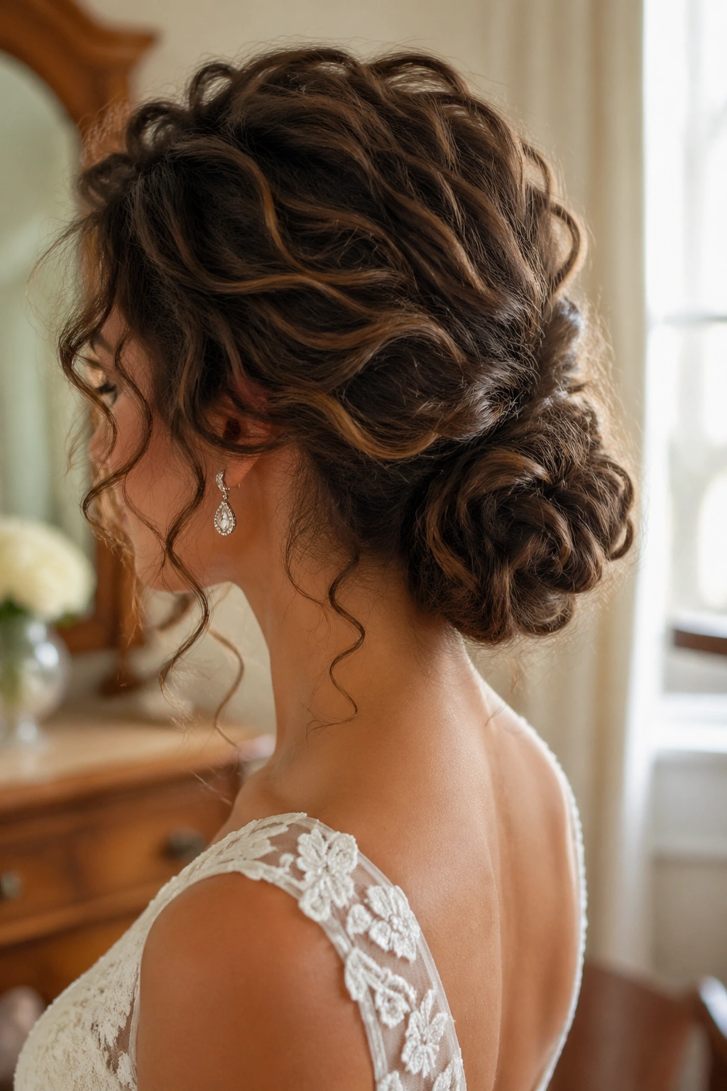 Close-up of a bride with a textured low bun and crown-volume hair