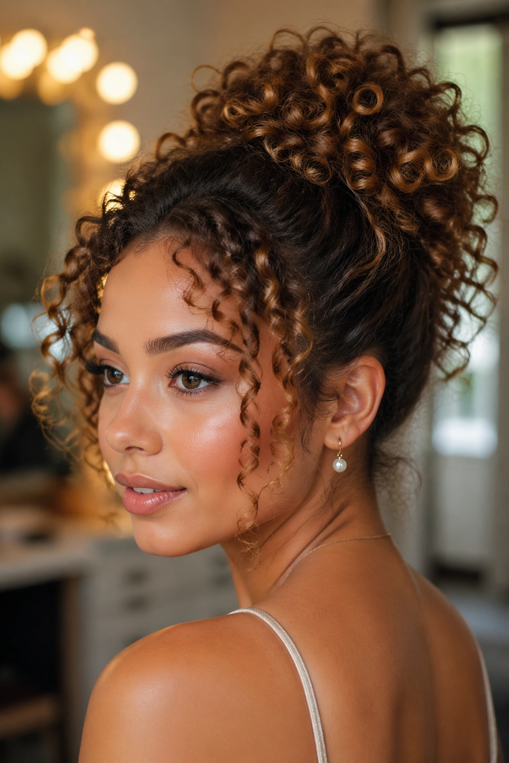 Close-up portrait of a real woman with a textured bun made of curls in warm window-light dressing room.