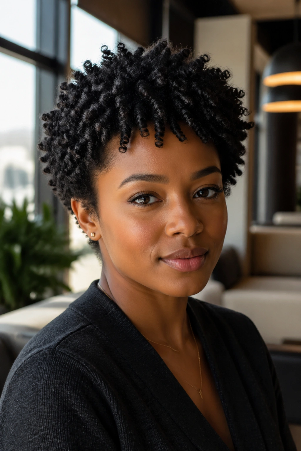 Close-up of real woman with textured crop and defined coils.