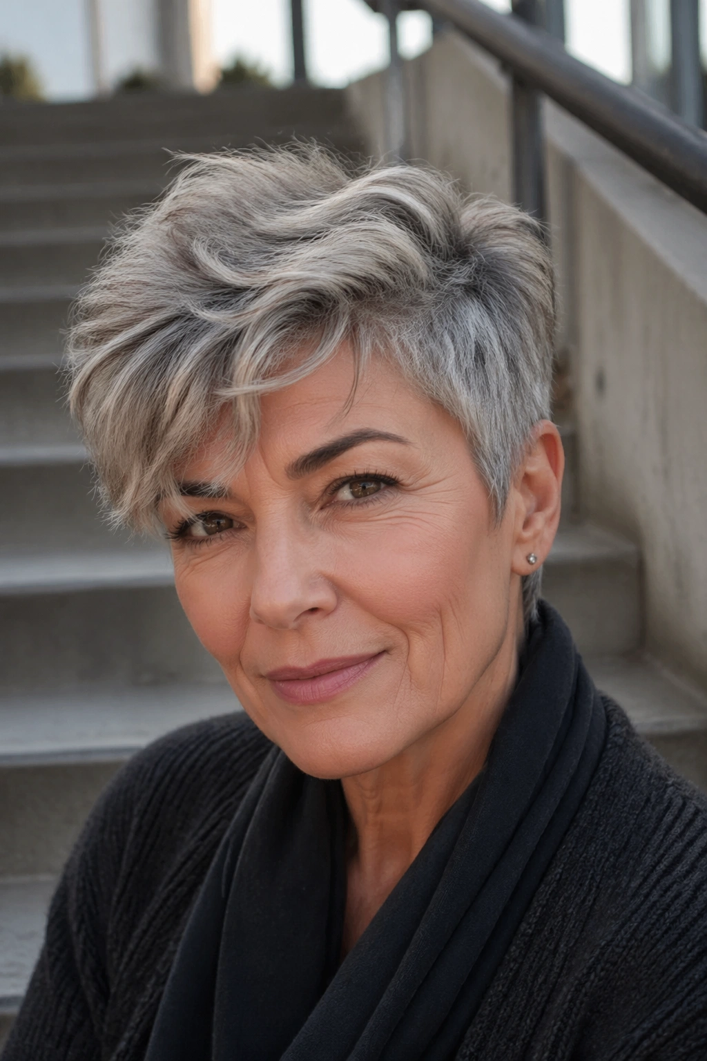 Portrait of a real woman with a textured crop and longer top layers.