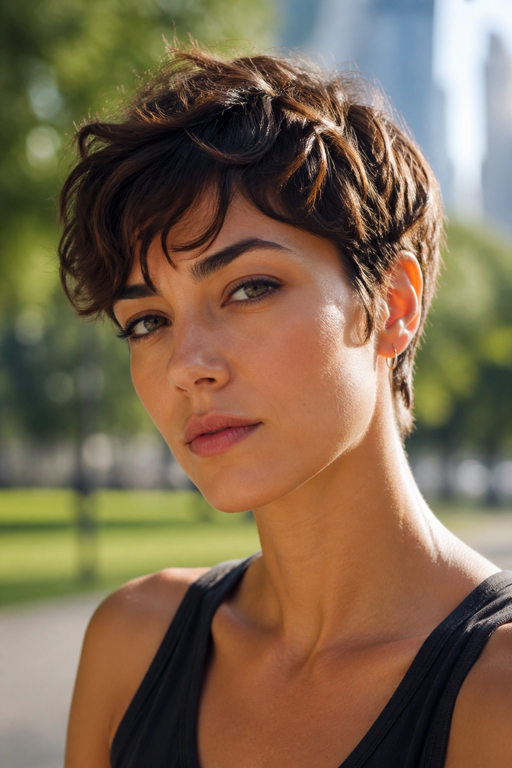 Close-up of a real woman with a short textured crop in daylight
