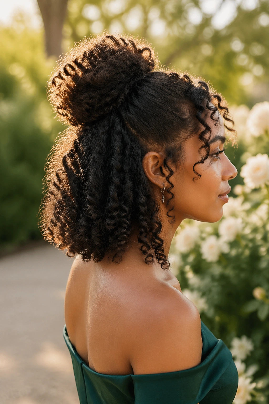 Natural curls half-up puff with crown lift in golden hour garden.