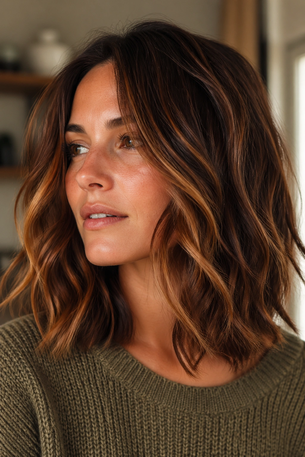 Close-up of a real woman with cinnamon-highlighted textured shoulder-length waves