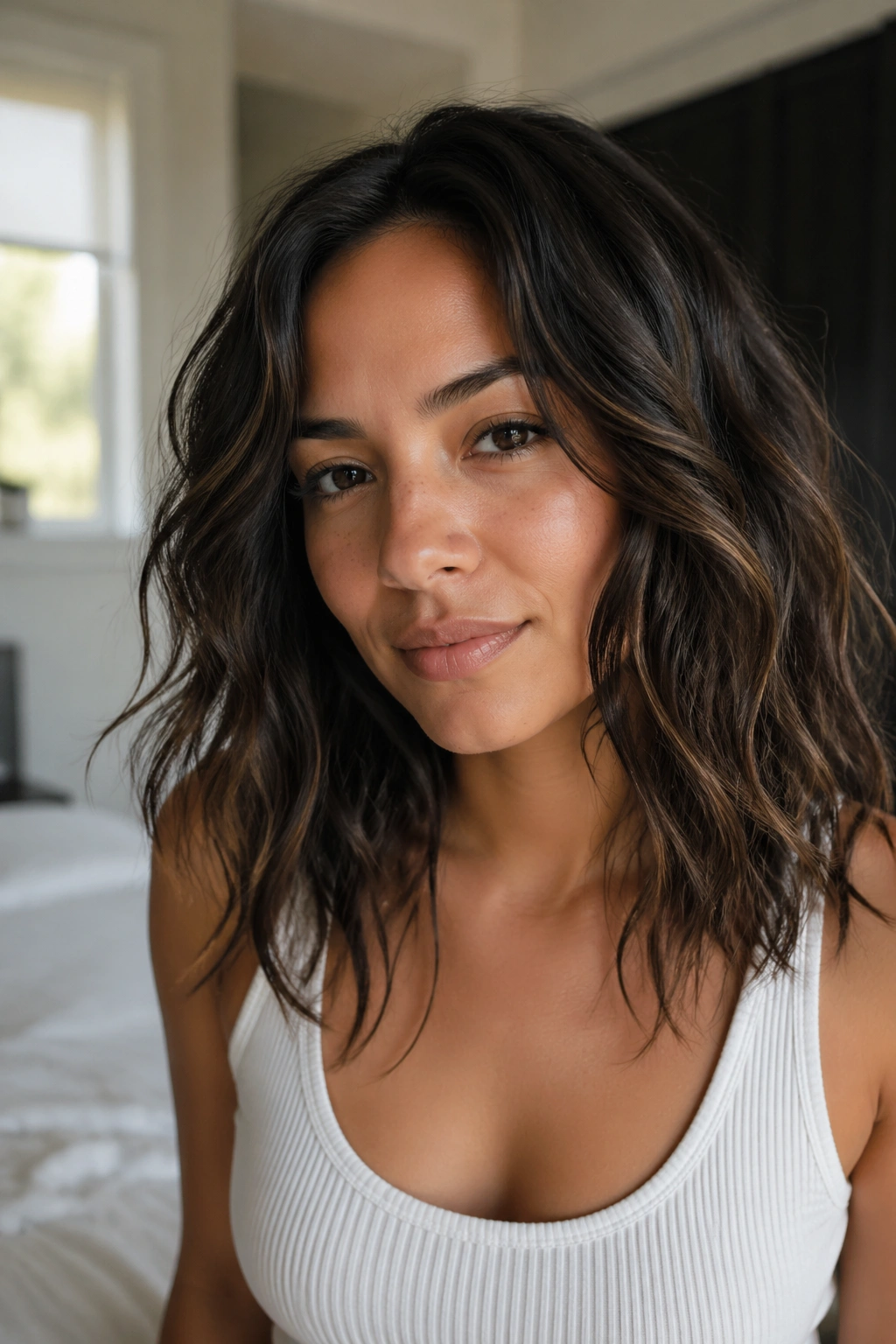 Portrait of a woman with textured ends in a wavy natural cut