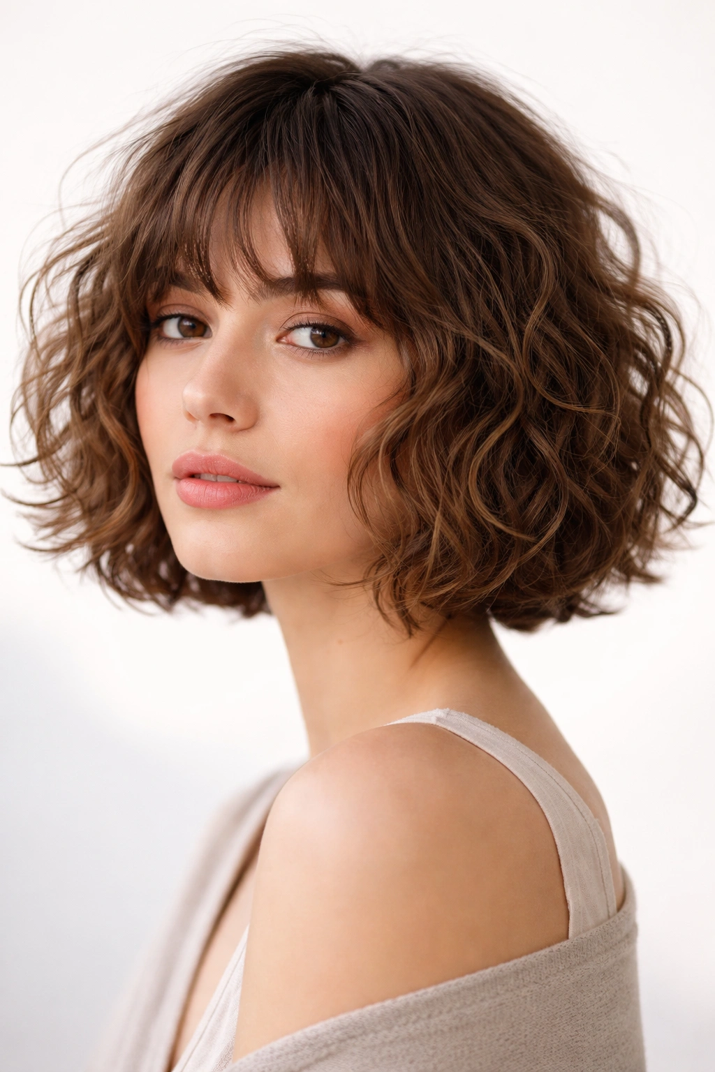 Textured French bob with cheekbone-length curls and fringe