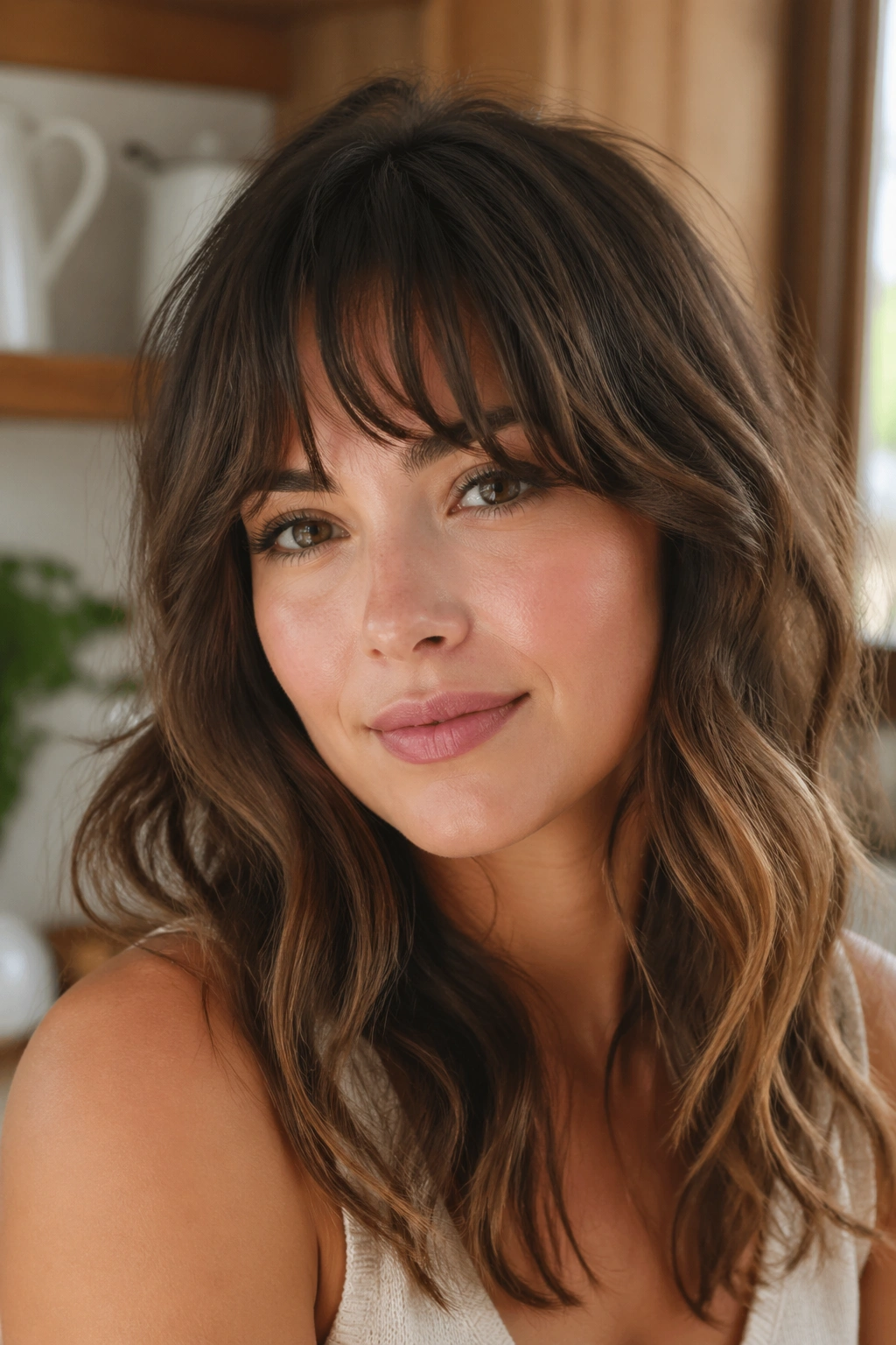 Close-up of a real woman with textured French fringe