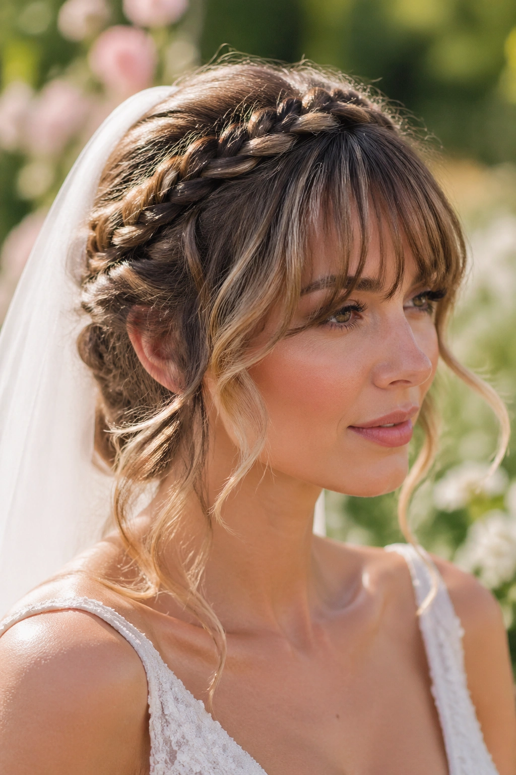 Close-up of a bride with textured fringe and braided crown