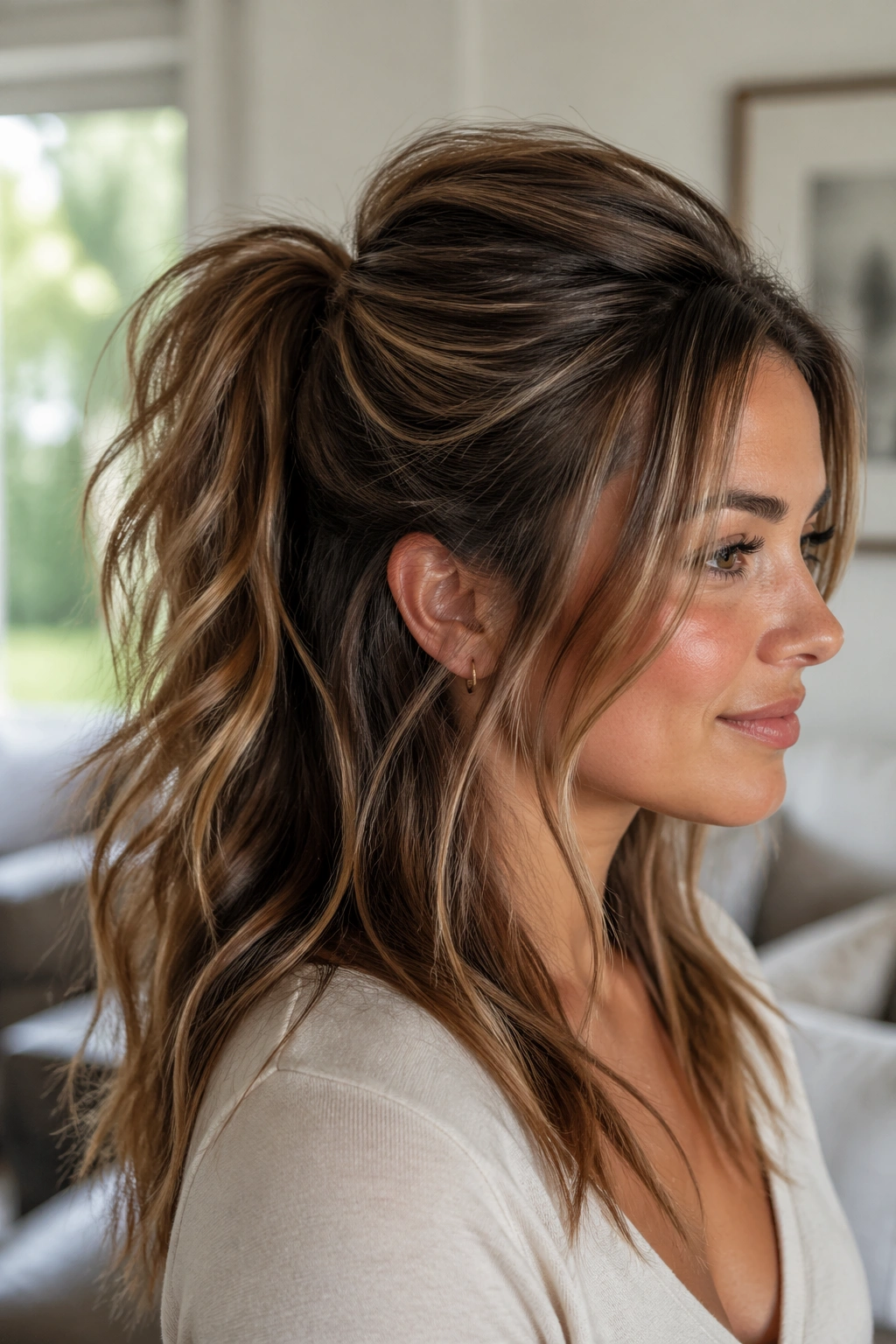 Real person with textured half-up ponytail in living room