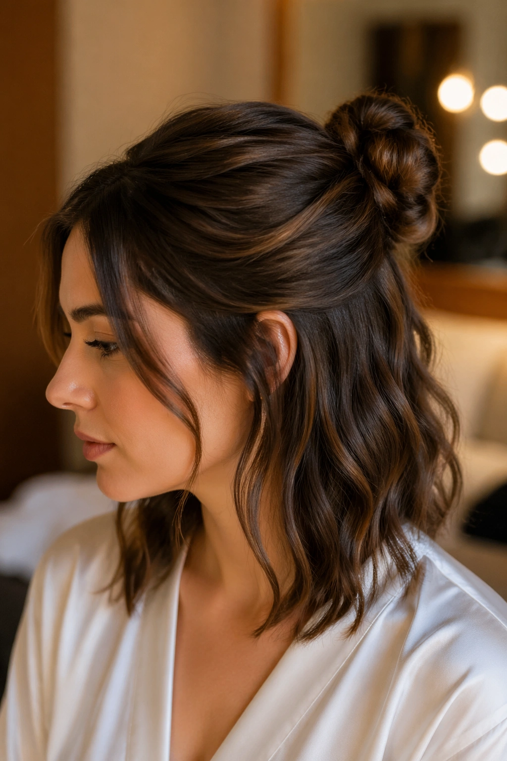 Close-up of a real woman with a textured half-bun and tucked ends