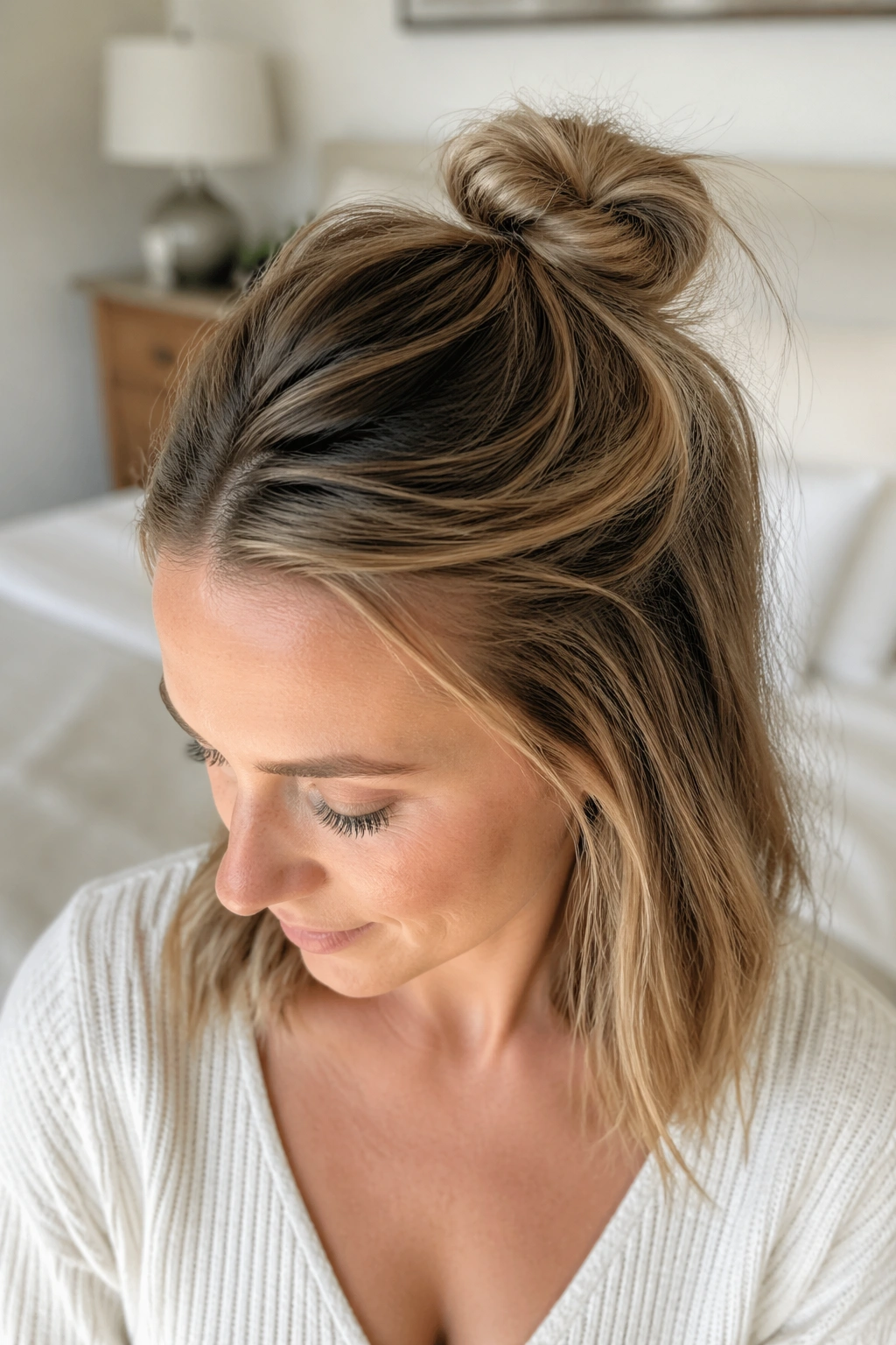 Close-up of a real woman with textured half up knot for fine hair