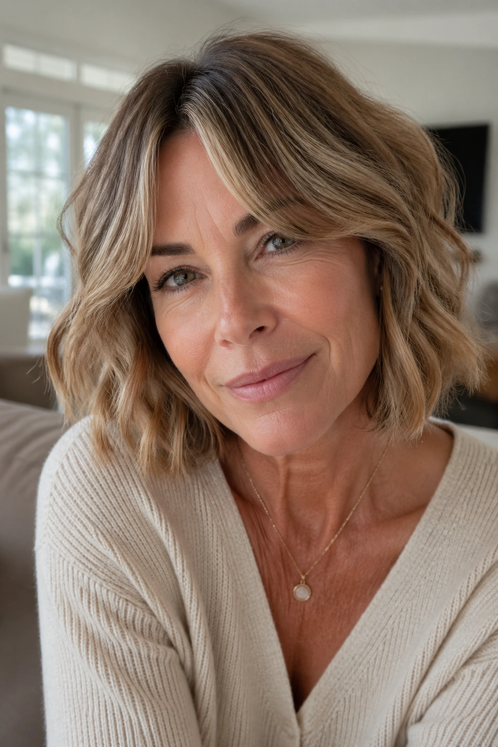 Portrait of a real woman with textured lob and curtain bangs in bright daylight.