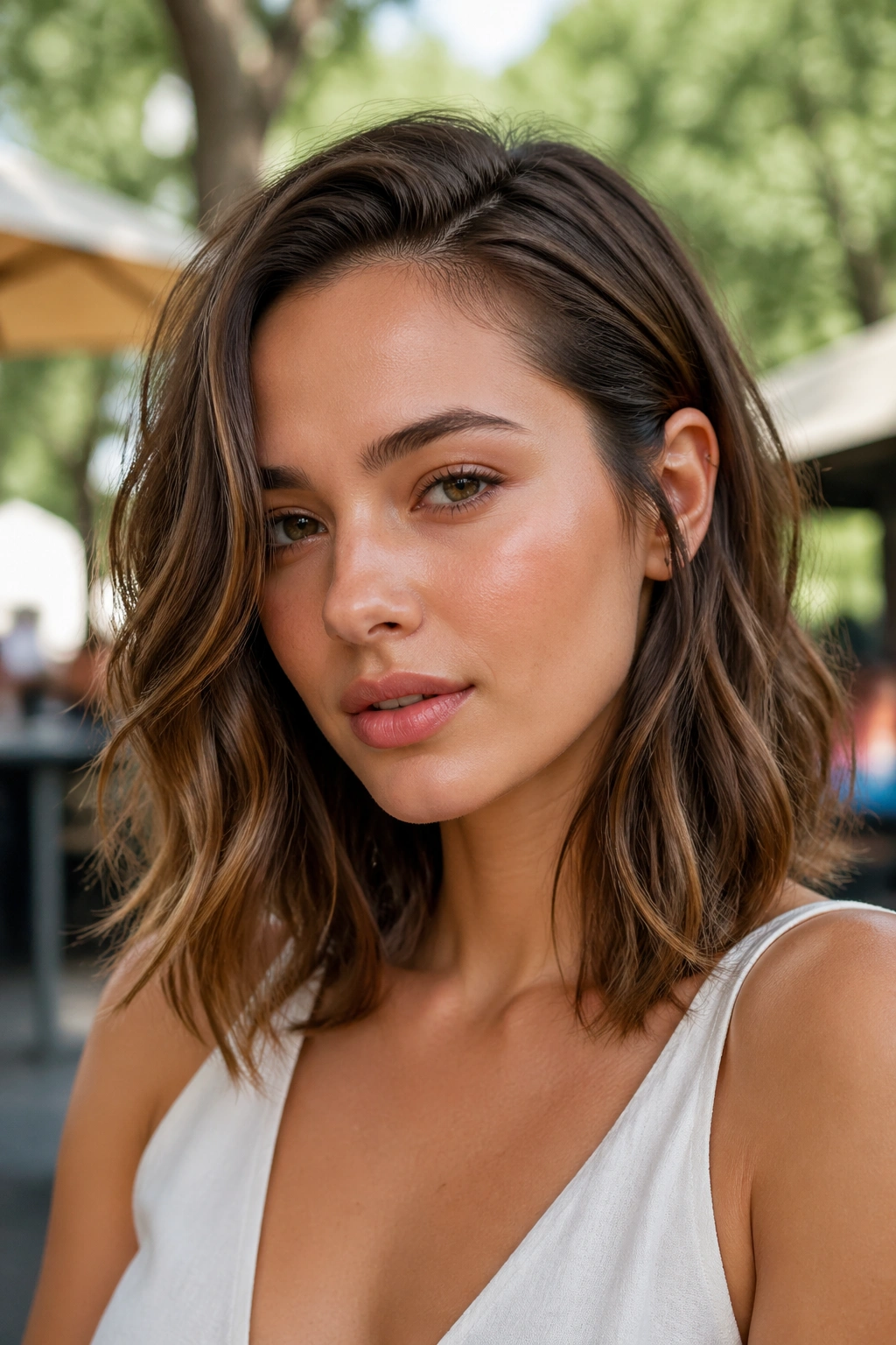 Portrait of a woman with a textured lob and tucked-behind-ear side outdoors