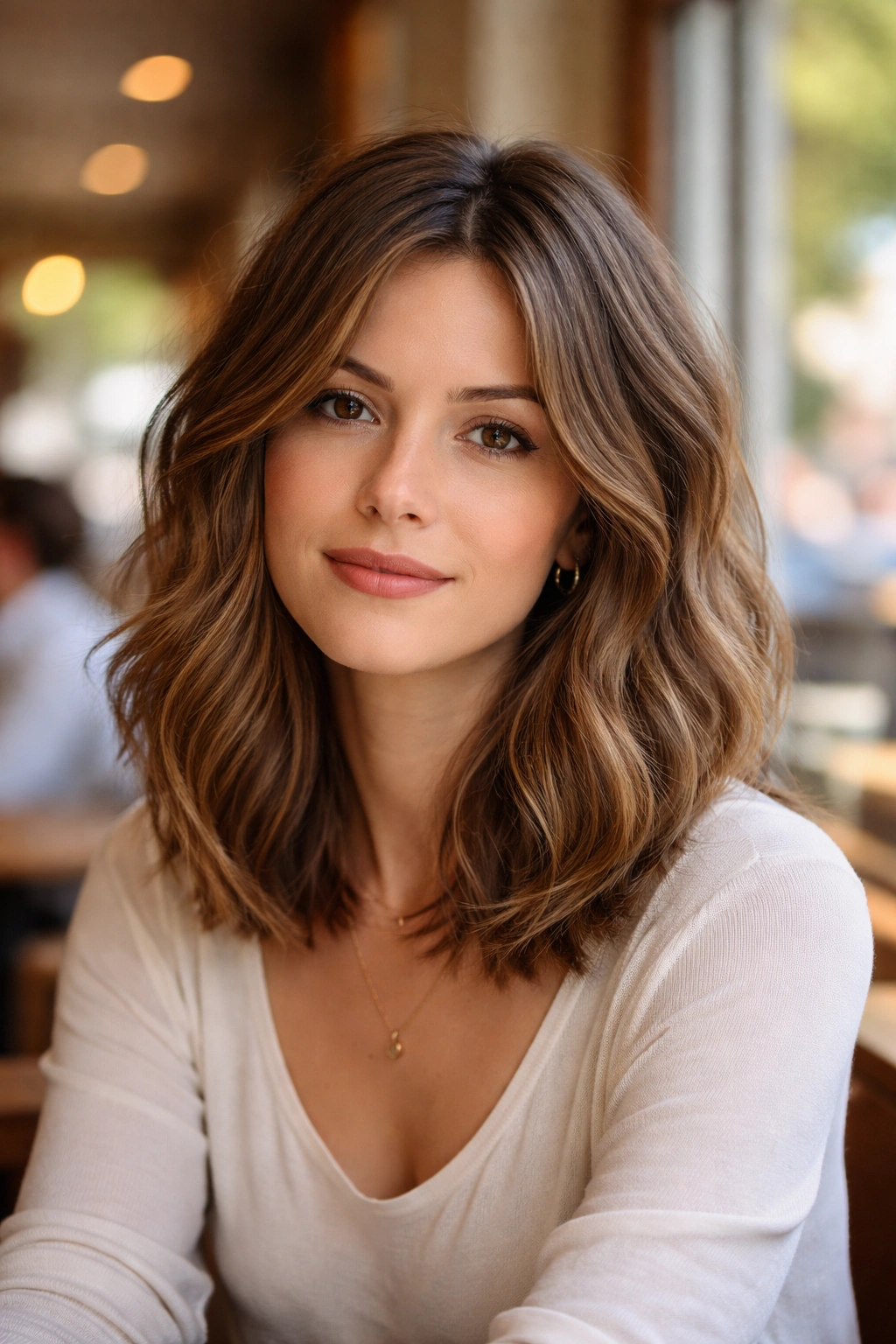 Close-up of a real woman with textured lob at collarbone length in a sunlit cafe window