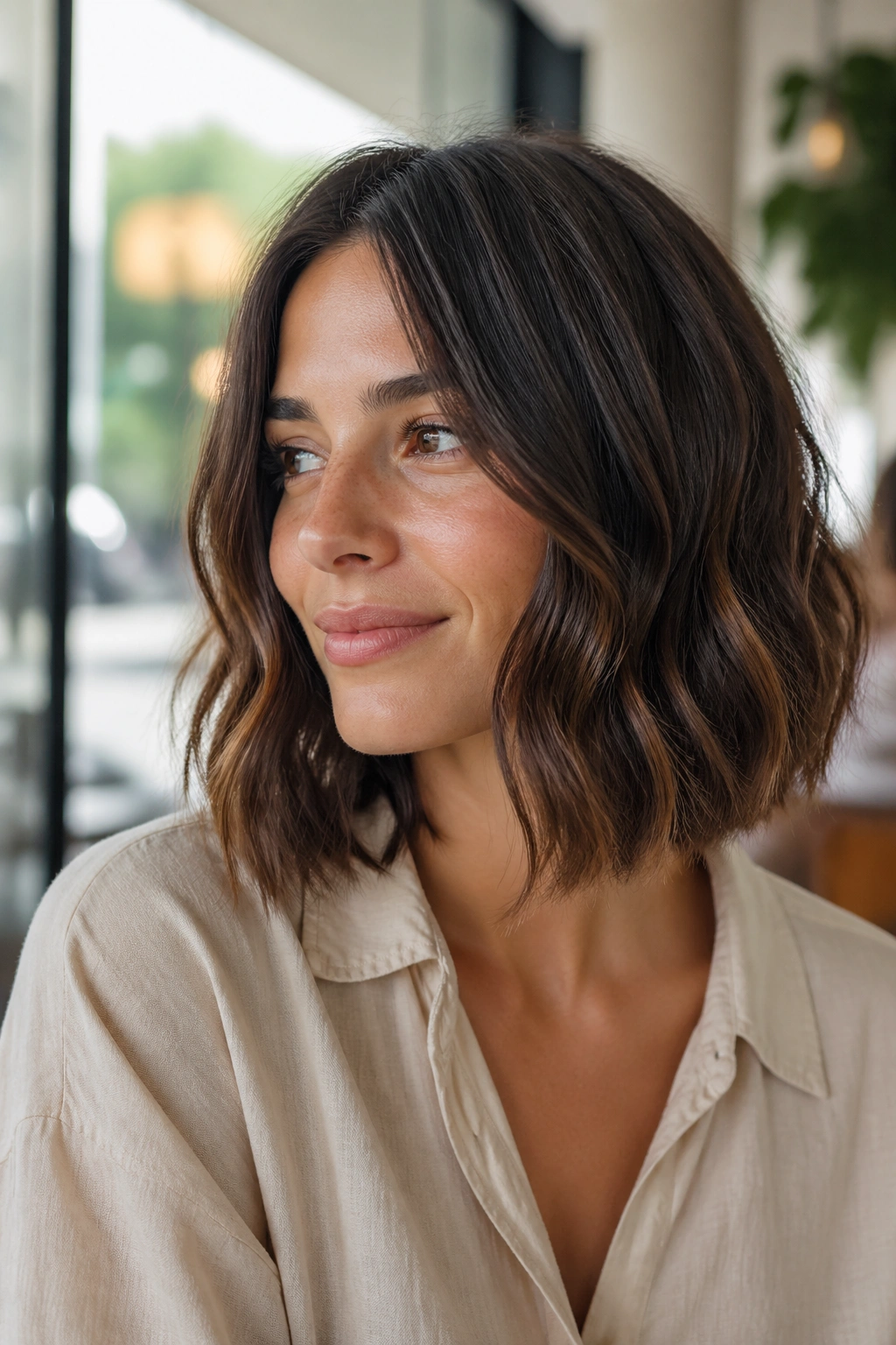 Close-up portrait of a real woman with a Textured Lob featuring collarbone-length waves