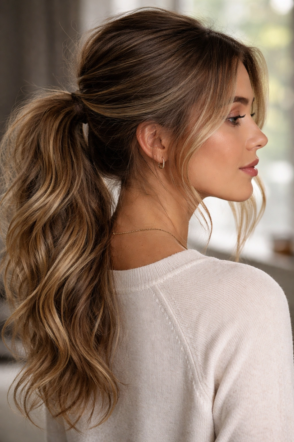 Low ponytail with textured roots and crown volume for a messy yet intentional look