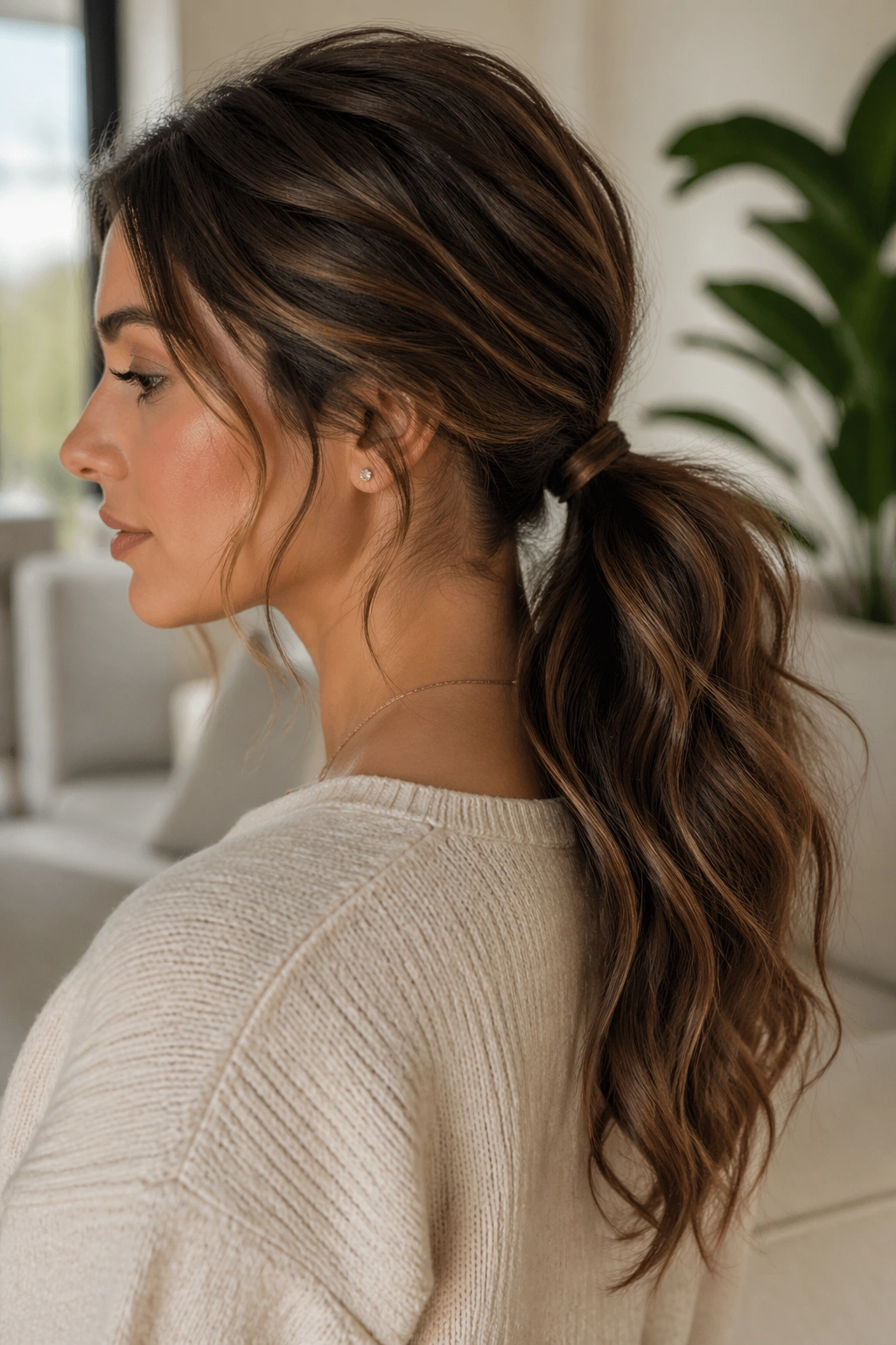 Close-up of a real woman with a textured low ponytail showing waves and fullness