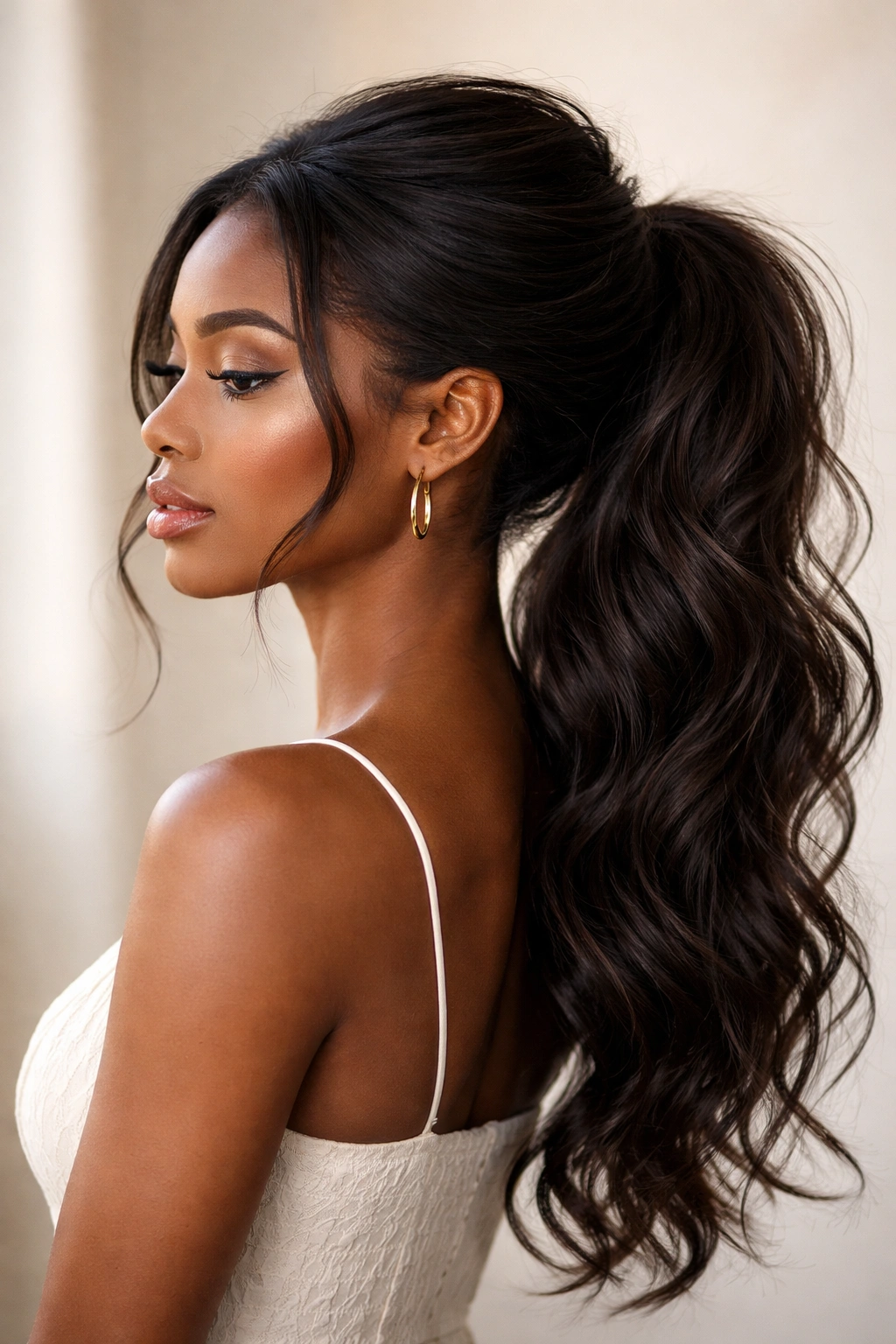 Low ponytail with crown lift and loose volume, soft waves visible